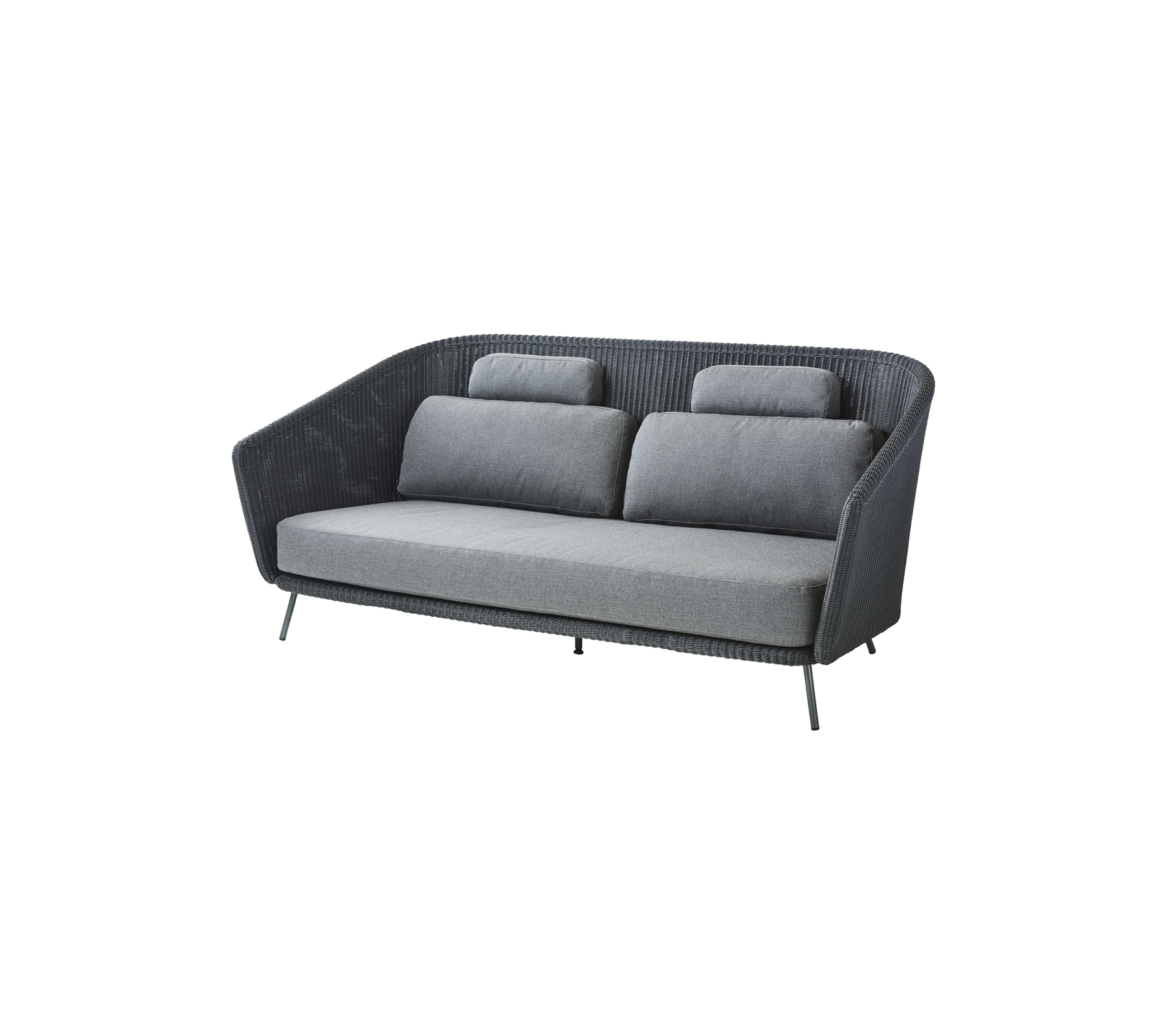Stijlvolle twee-kleurige grijze bank met pluche kussens en een moderne, gebogen vorm, perfect voor hedendaagse woonruimtes.