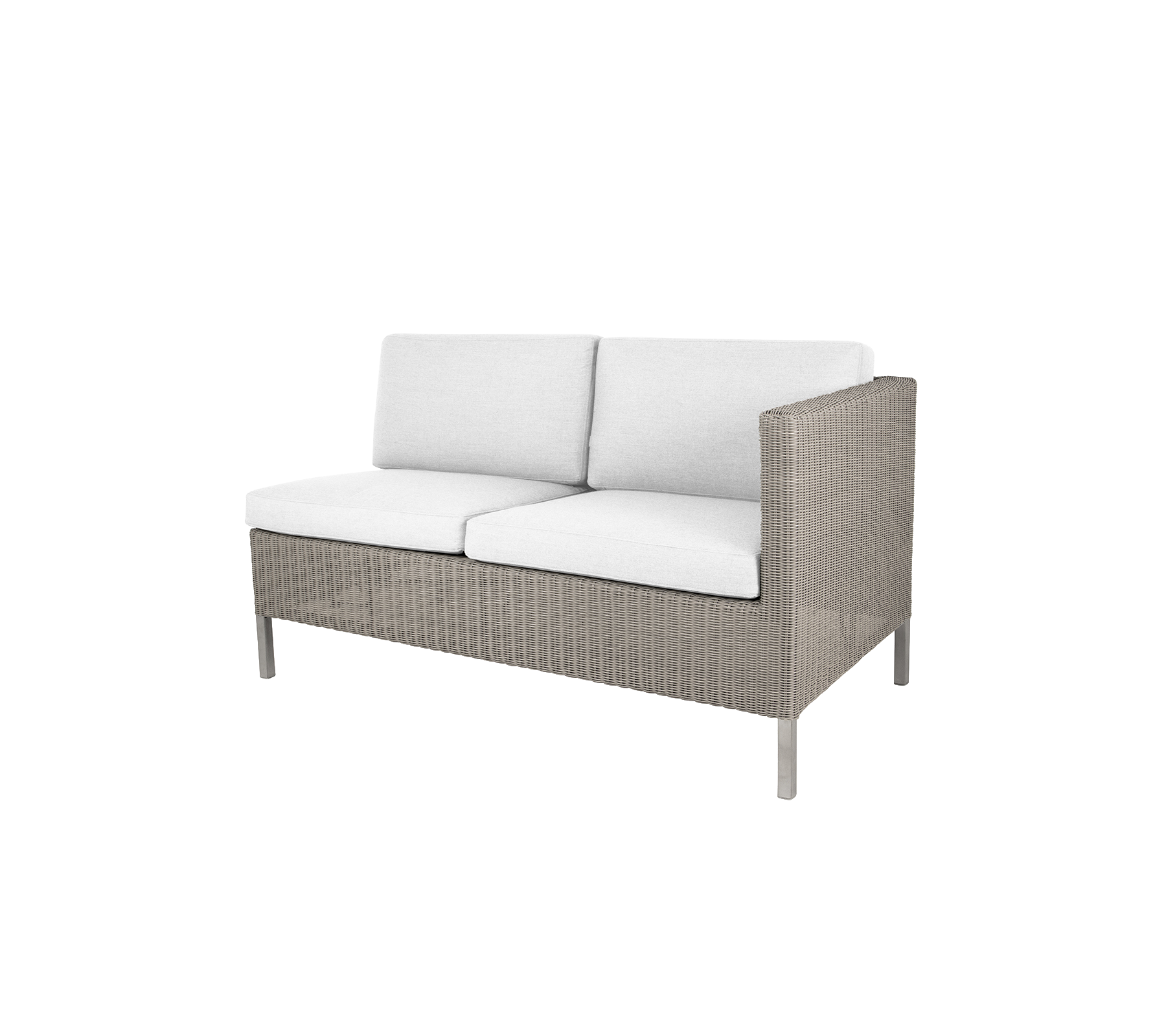 Comfortabele tweezitsbank met een modern design, voorzien van zachte witte kussens en een stijlvolle geweven frame. Ideaal voor ontspanning.
