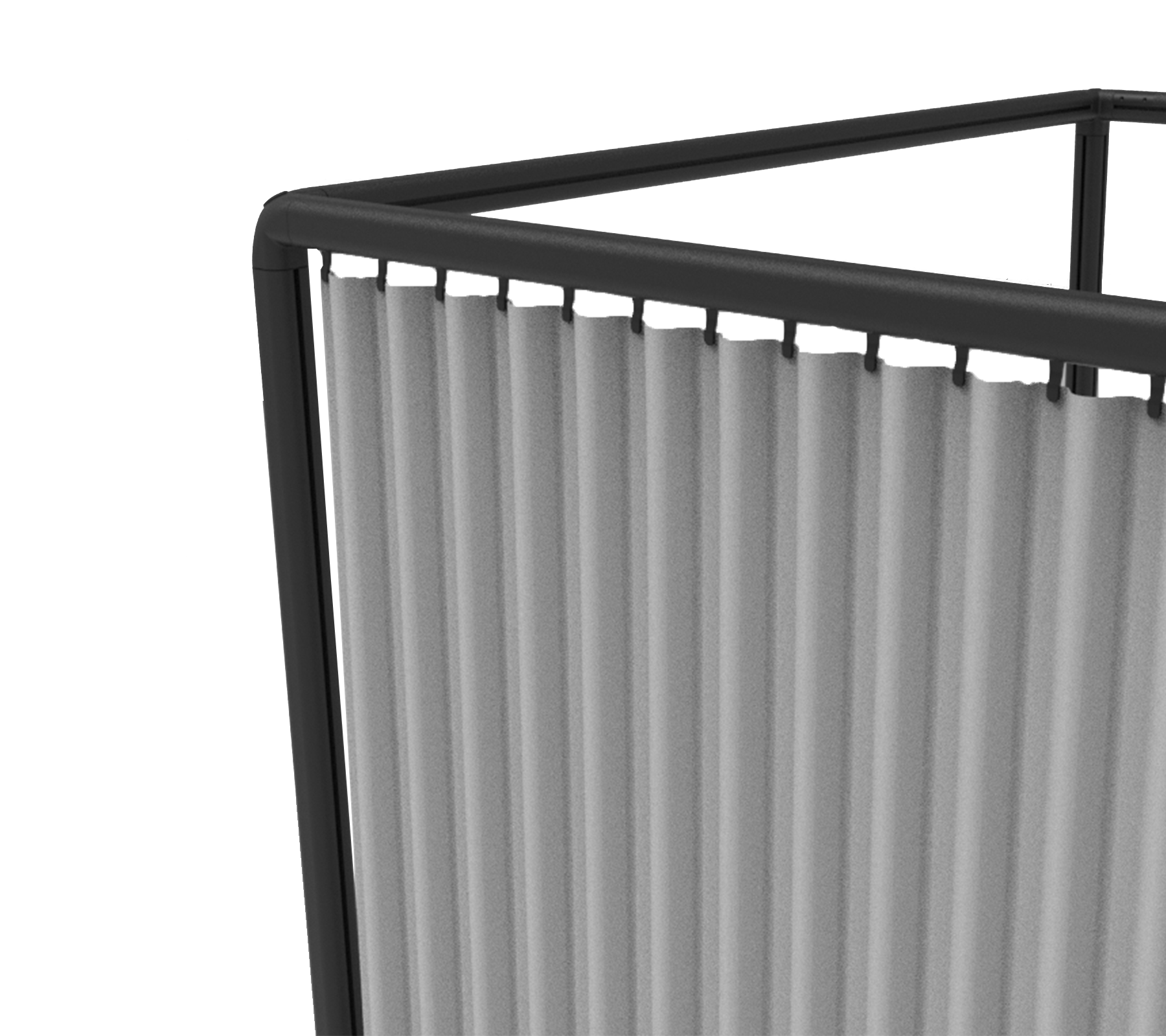 Een zwartomrande scheidingswand met verticaal georiënteerde, lichtgekleurde panelen, ontworpen om afscheiding of privacy te creëren.