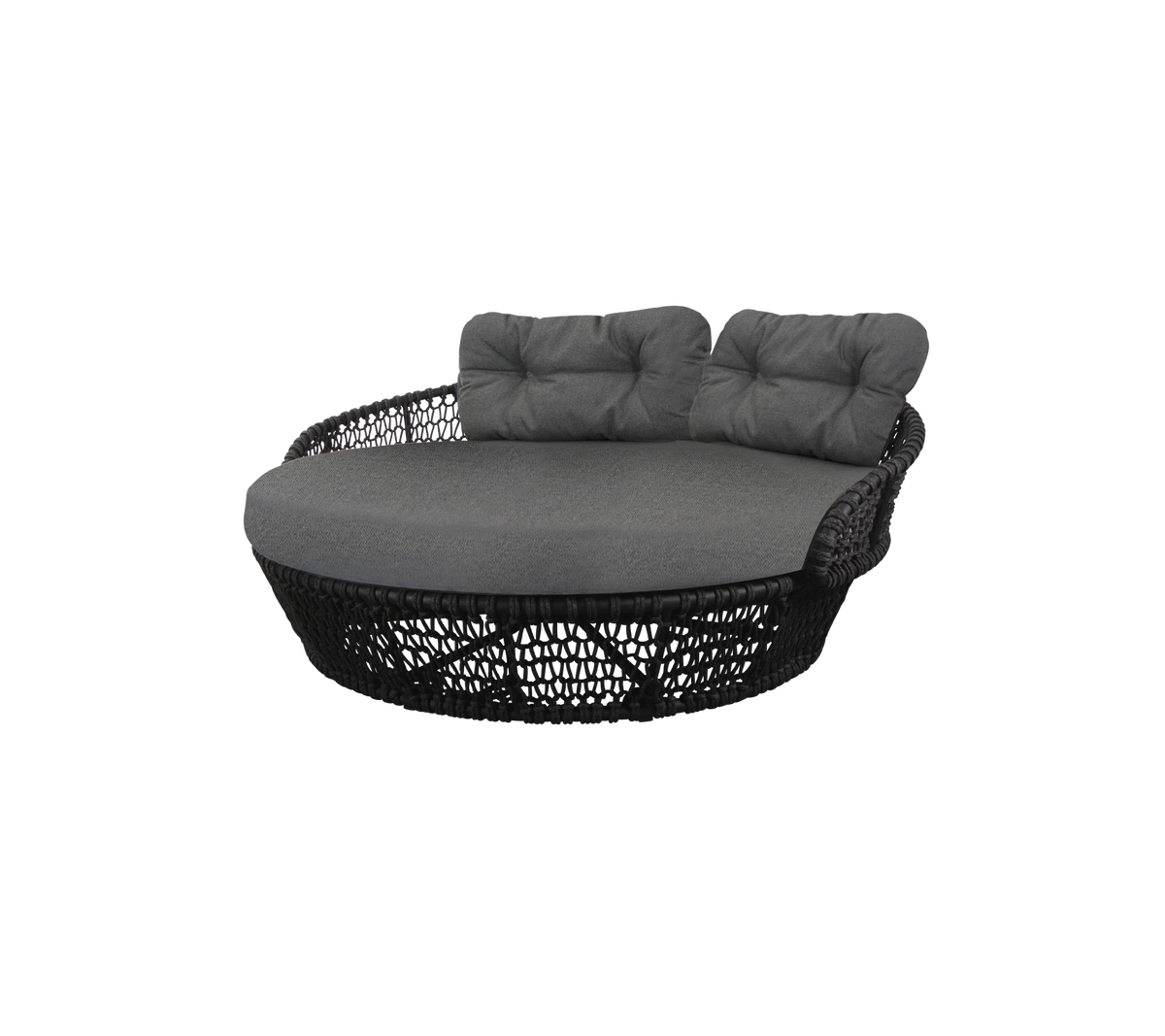 Ronde, gevoerde zitting met een geweven basis, voorzien van twee rugleuningen en een strak design, perfect voor ontspanning.