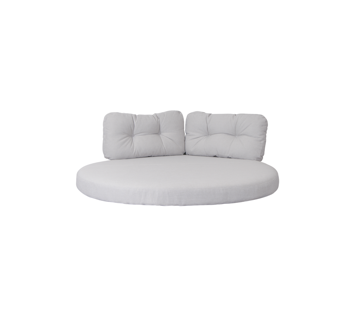 Ronde, beklede zitting met twee ondersteunende rugkussens in een neutrale kleur, ontworpen voor comfort en ontspanning.