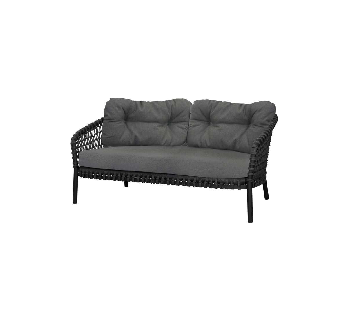 Stijlvolle tweezitsbank met een slanke zwarte frame en zachte grijze kussens voor comfort en elegantie. Perfect voor moderne zitarrangementen.