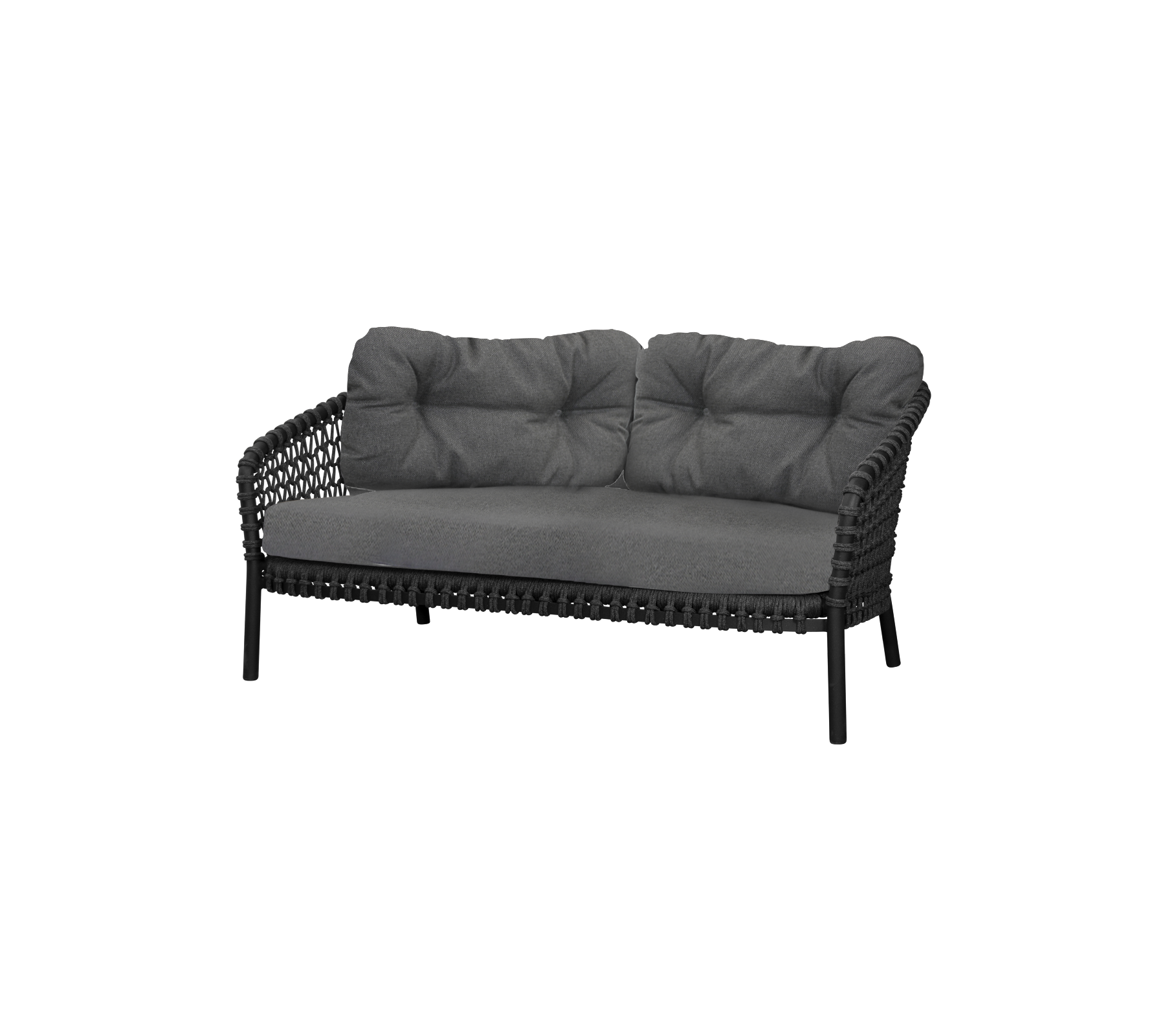 Stijlvolle tweezitsbank met een slanke zwarte frame en zachte grijze kussens voor comfort en elegantie. Perfect voor moderne zitarrangementen.