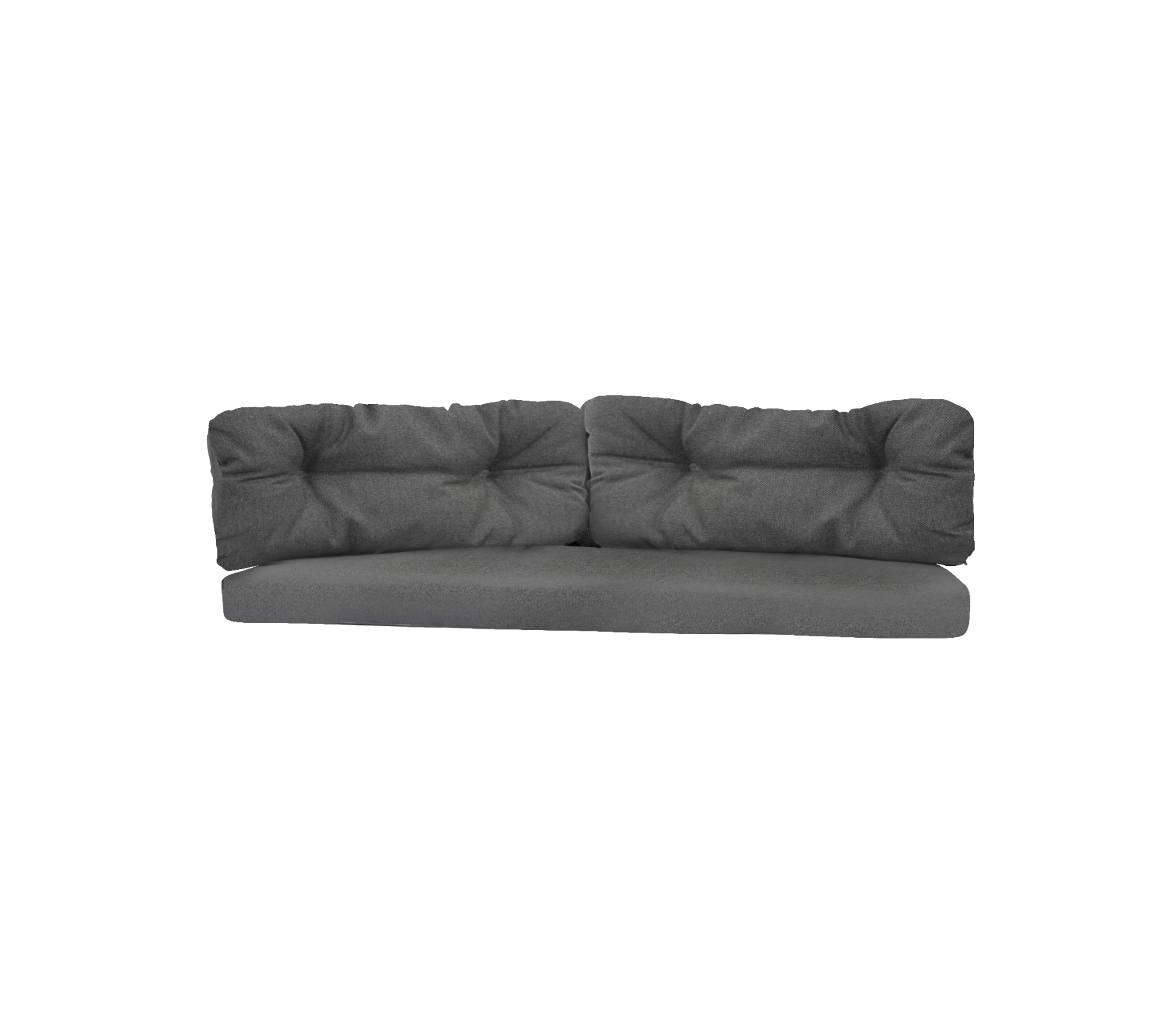 Donkergrijze bank met getufte kussens, met een modern design en ruime zitting voor comfortabele ontspanning.