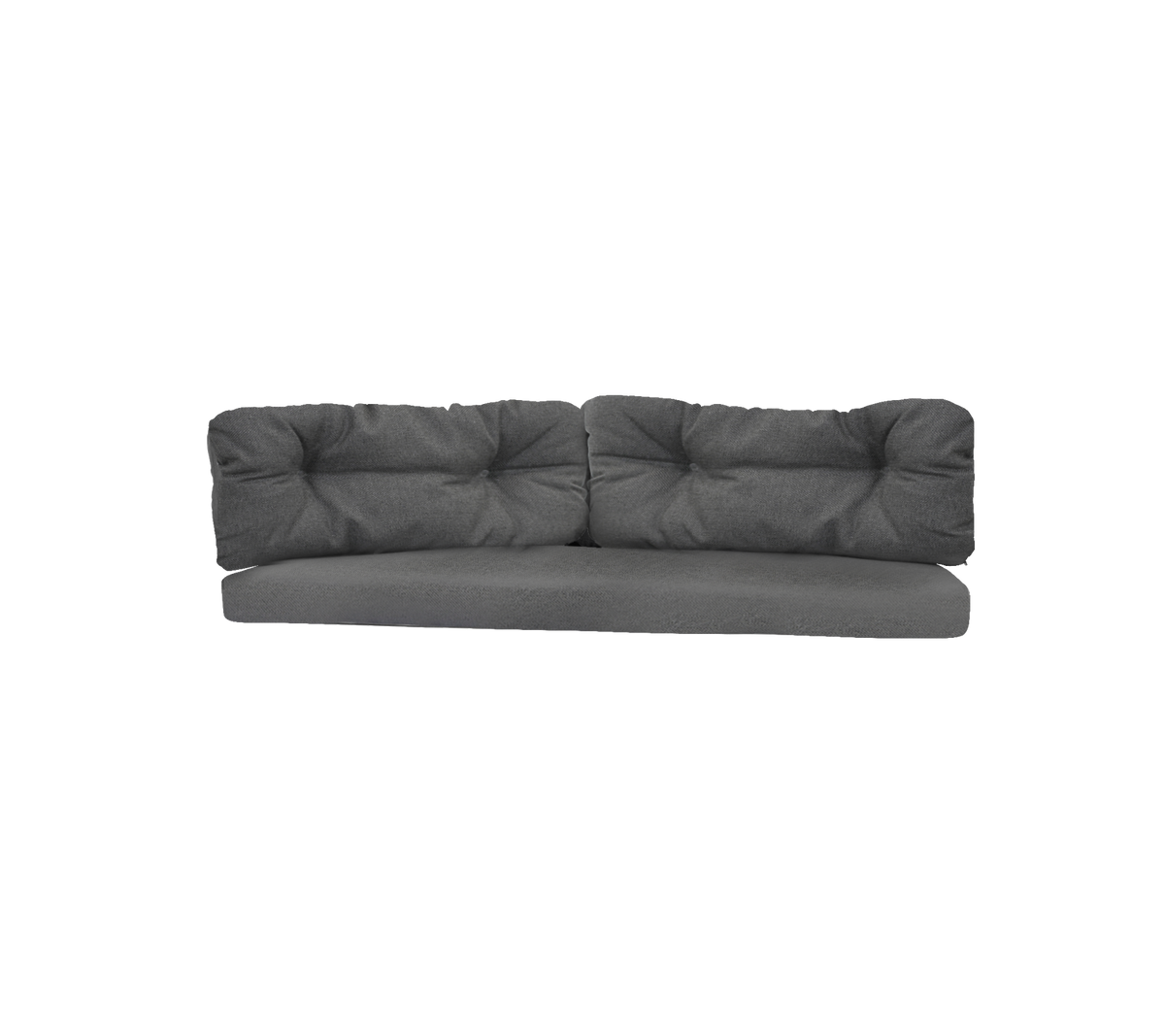 Donkergrijze bank met getufte kussens, met een modern design en ruime zitting voor comfortabele ontspanning.