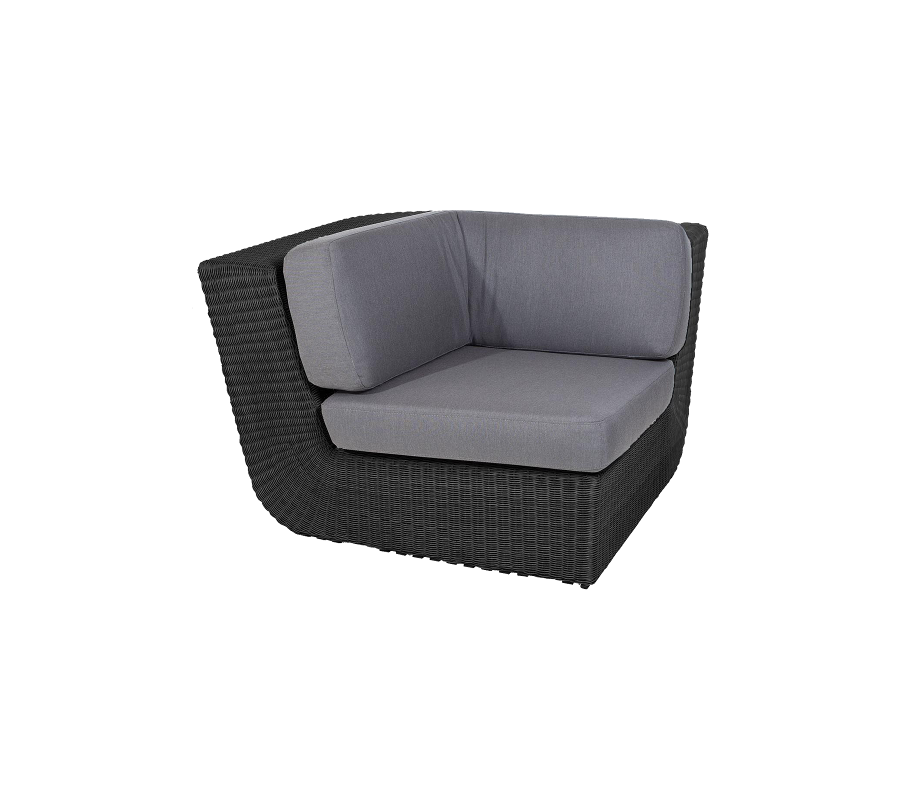 Stijlvol hoekzitmeubel met een slank zwart wickerframe en comfortabele grijze kussens, perfect voor moderne decoratie.