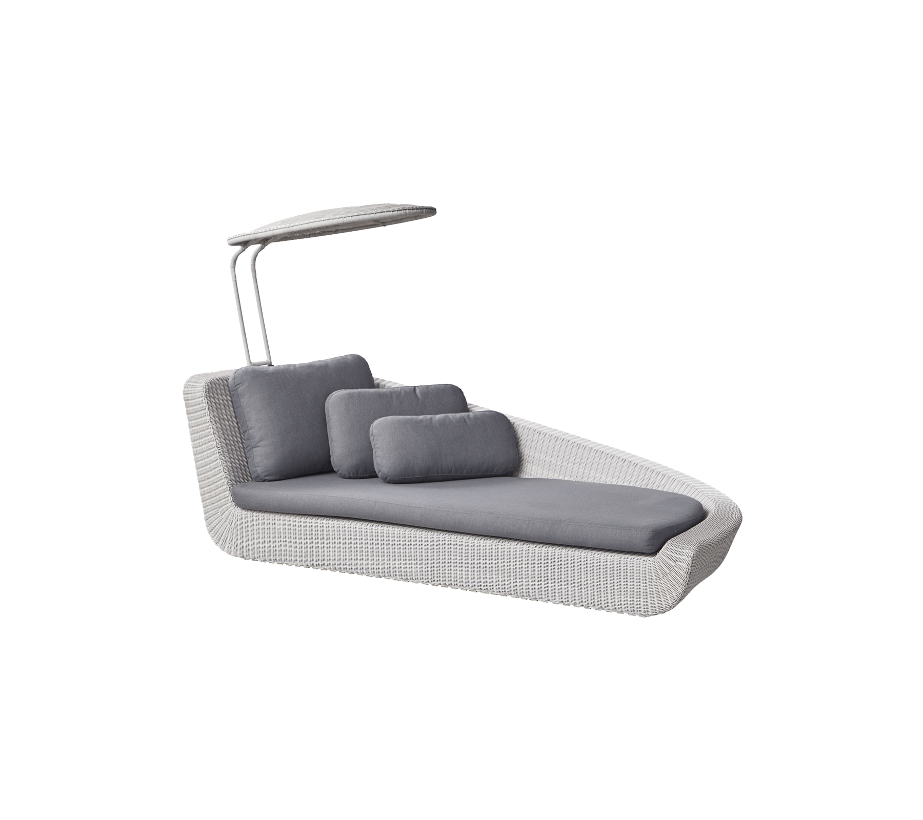 Stijlvolle loungestoel met een slank design, voorzien van grijze kussens en een beschermend dak voor extra comfort. Perfect voor ontspanning.