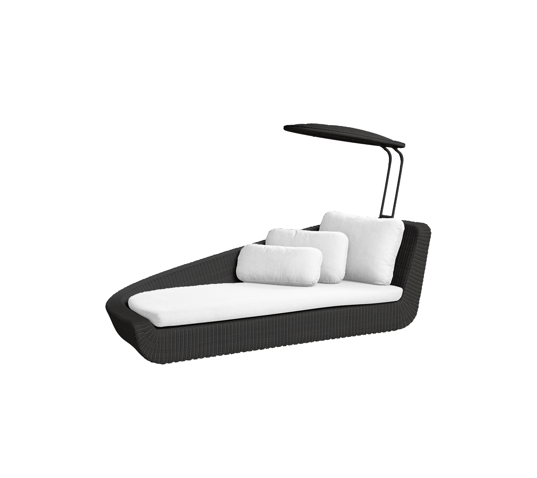 Stijlvolle loungebank voor buiten met een strak ontwerp, voorzien van zachte witte kussens en een beschermende luifel voor comfort en ontspanning.