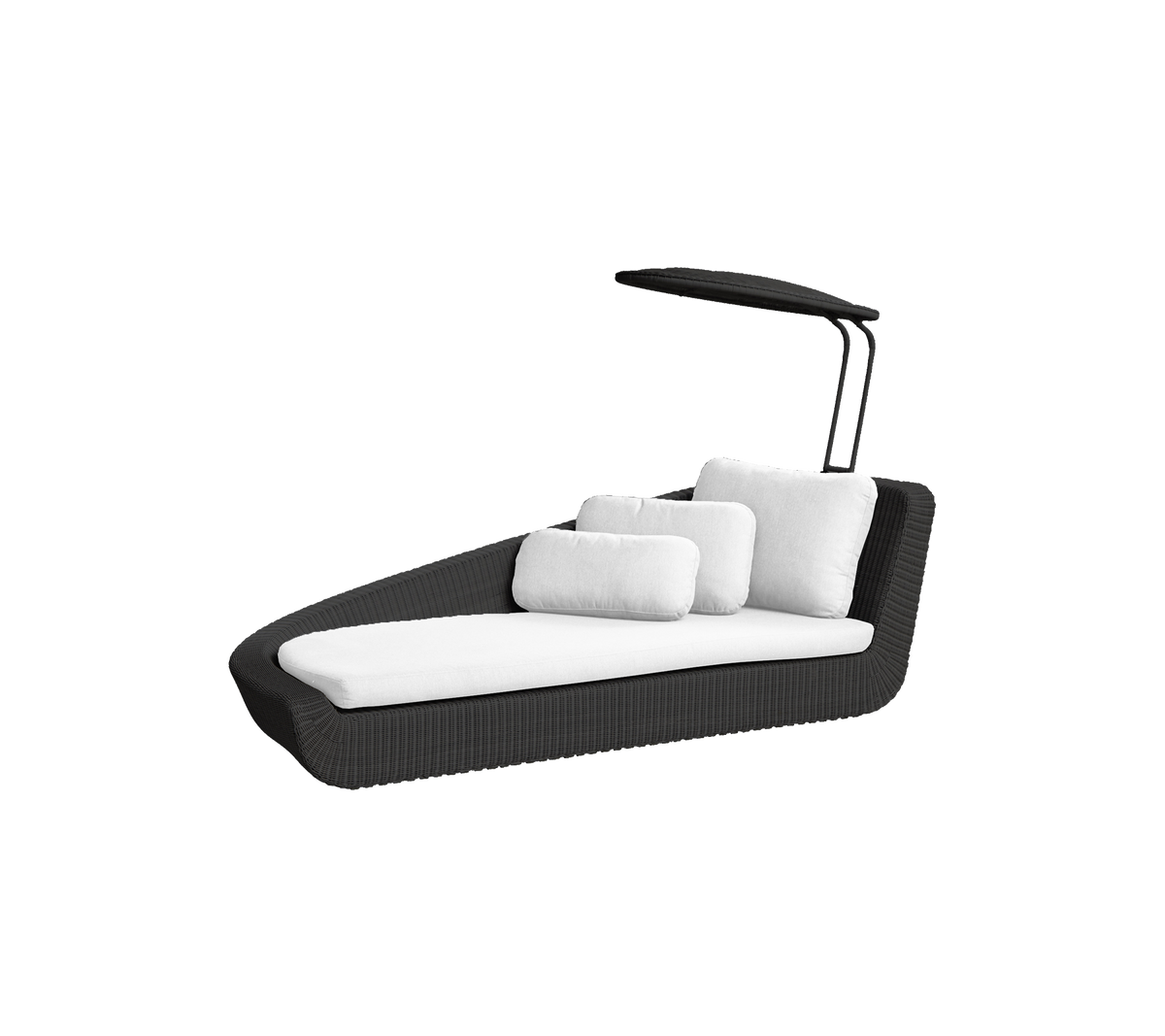 Stijlvolle loungebank voor buiten met een strak ontwerp, voorzien van zachte witte kussens en een beschermende luifel voor comfort en ontspanning.
