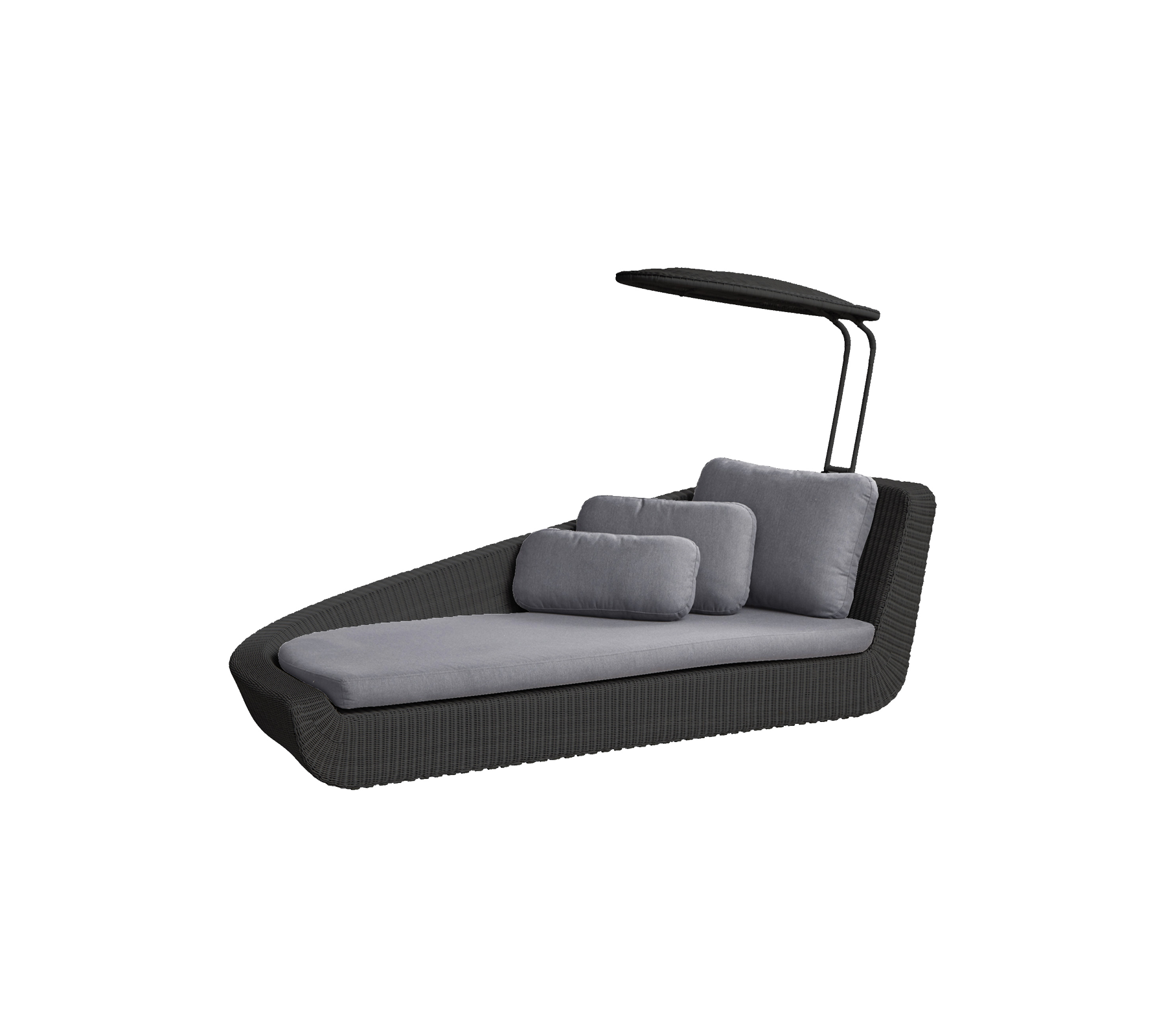 Stijlvolle loungechair met een modern ontwerp, voorzien van een luifel en zachte grijze kussens voor comfort en ontspanning.