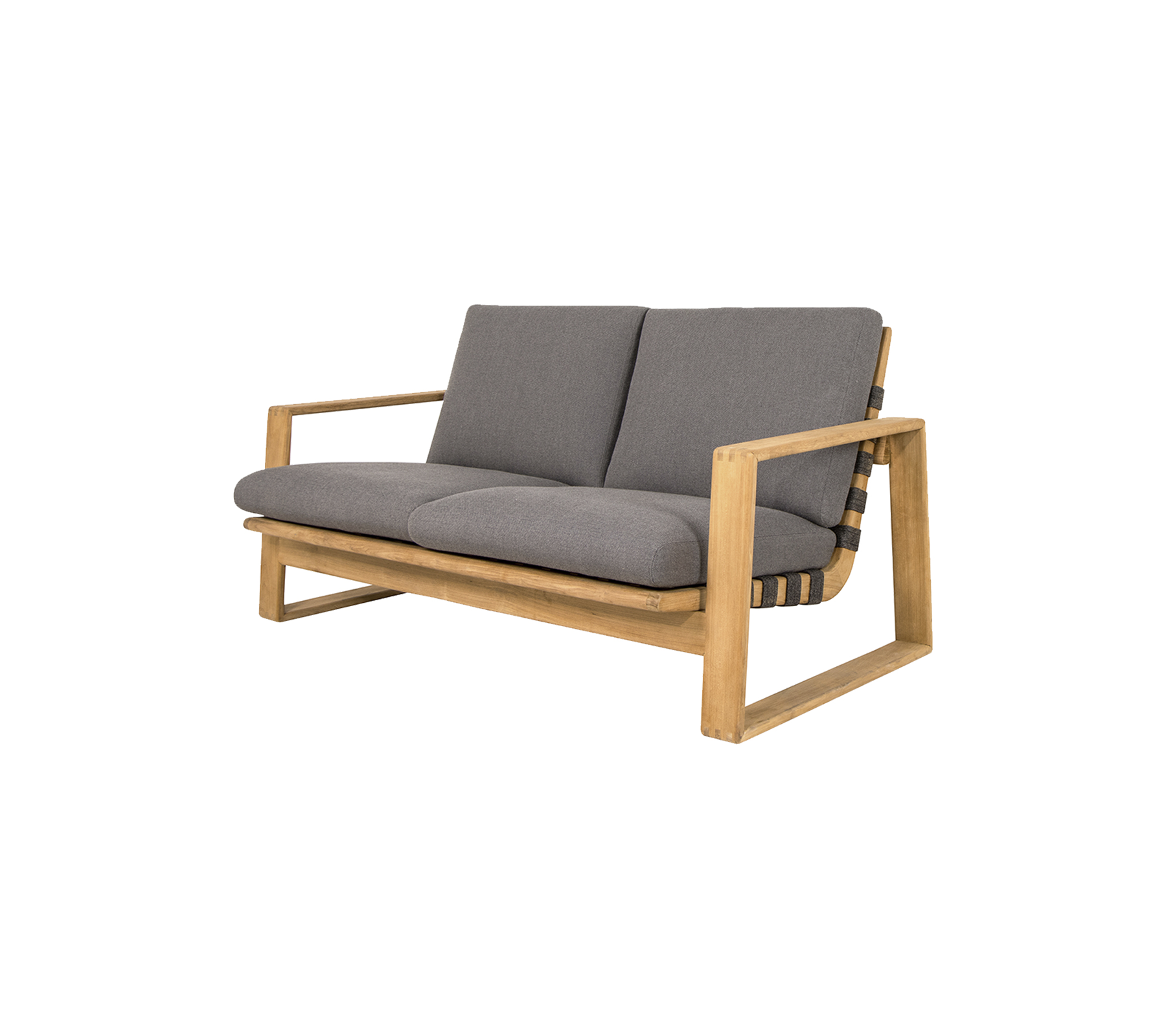 Tweedelige bank met een lichte houten frame en grijze kussens, met een modern ontwerp en comfortabele zitgedeelte.