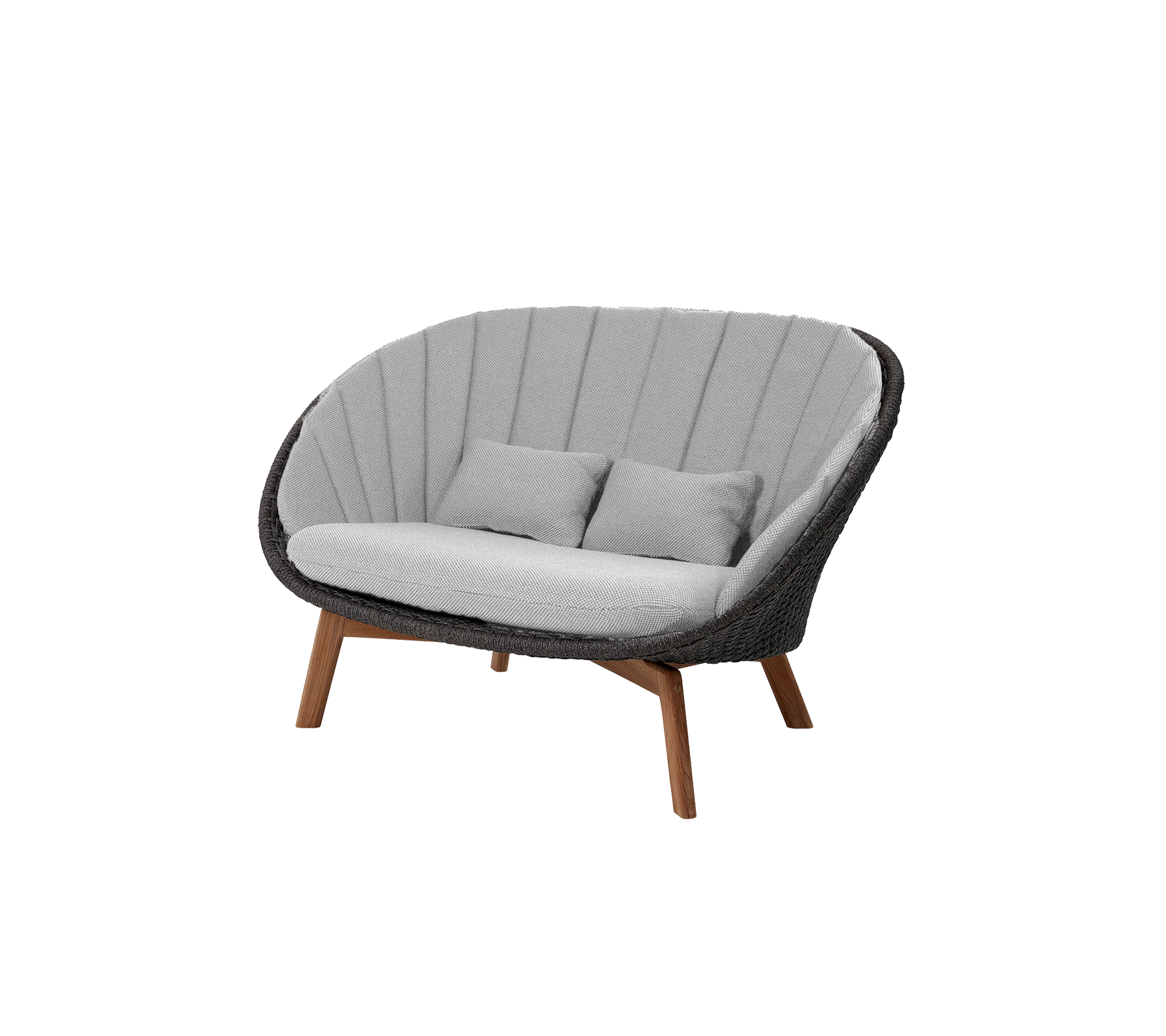 Stijlvolle tweezitsbank met een gebogen ontwerp, voorzien van grijze bekleding en houten poten, perfect om comfort en modern flair toe te voegen.