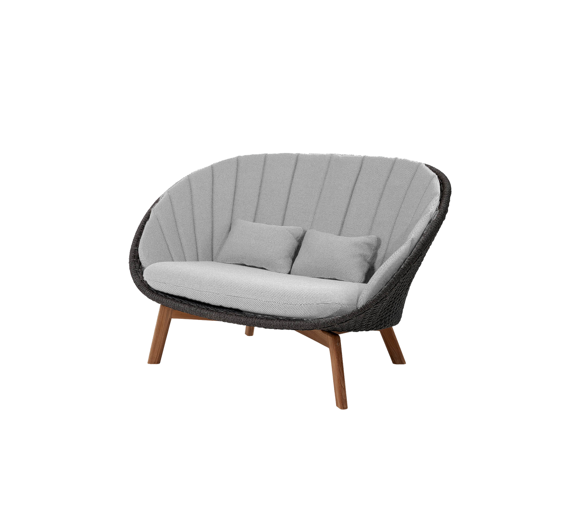 Stijlvolle tweezitsbank met een gebogen ontwerp, voorzien van grijze bekleding en houten poten, perfect om comfort en modern flair toe te voegen.