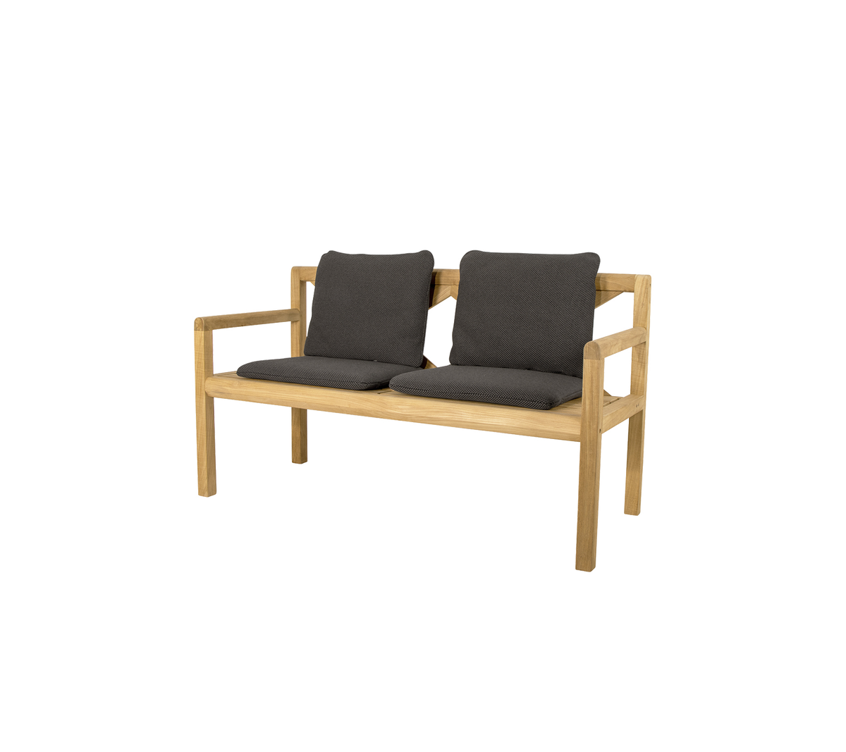 Tweepersoons houten bank met comfortabele donkergrijze kussens, met een eenvoudig en modern ontwerp. Ideaal voor informele zitplaatsen.