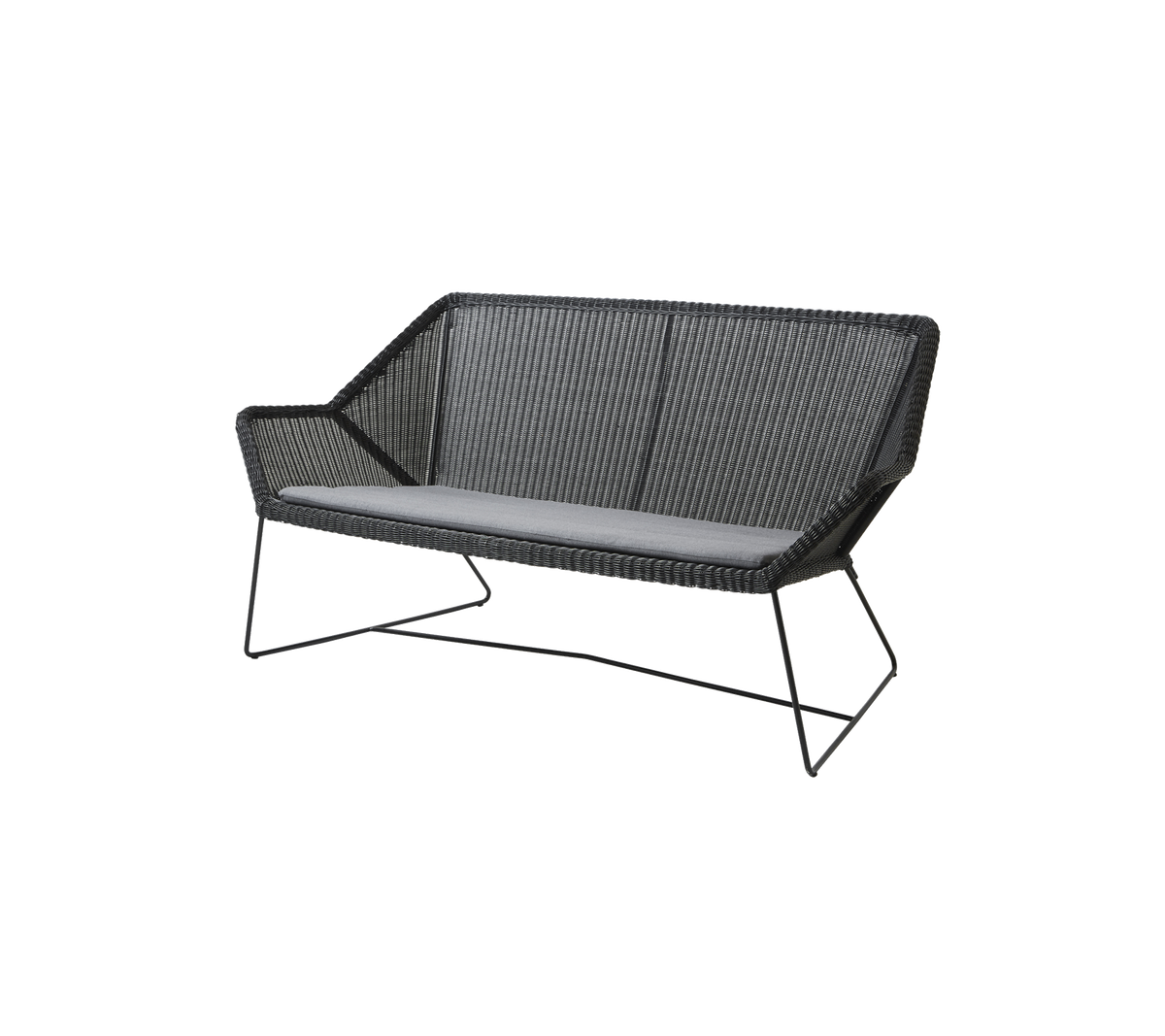 Stijlvolle tweezitsbank met een geweven ontwerp en een comfortabele grijze kussen, voorzien van slanke metalen poten ter ondersteuning.