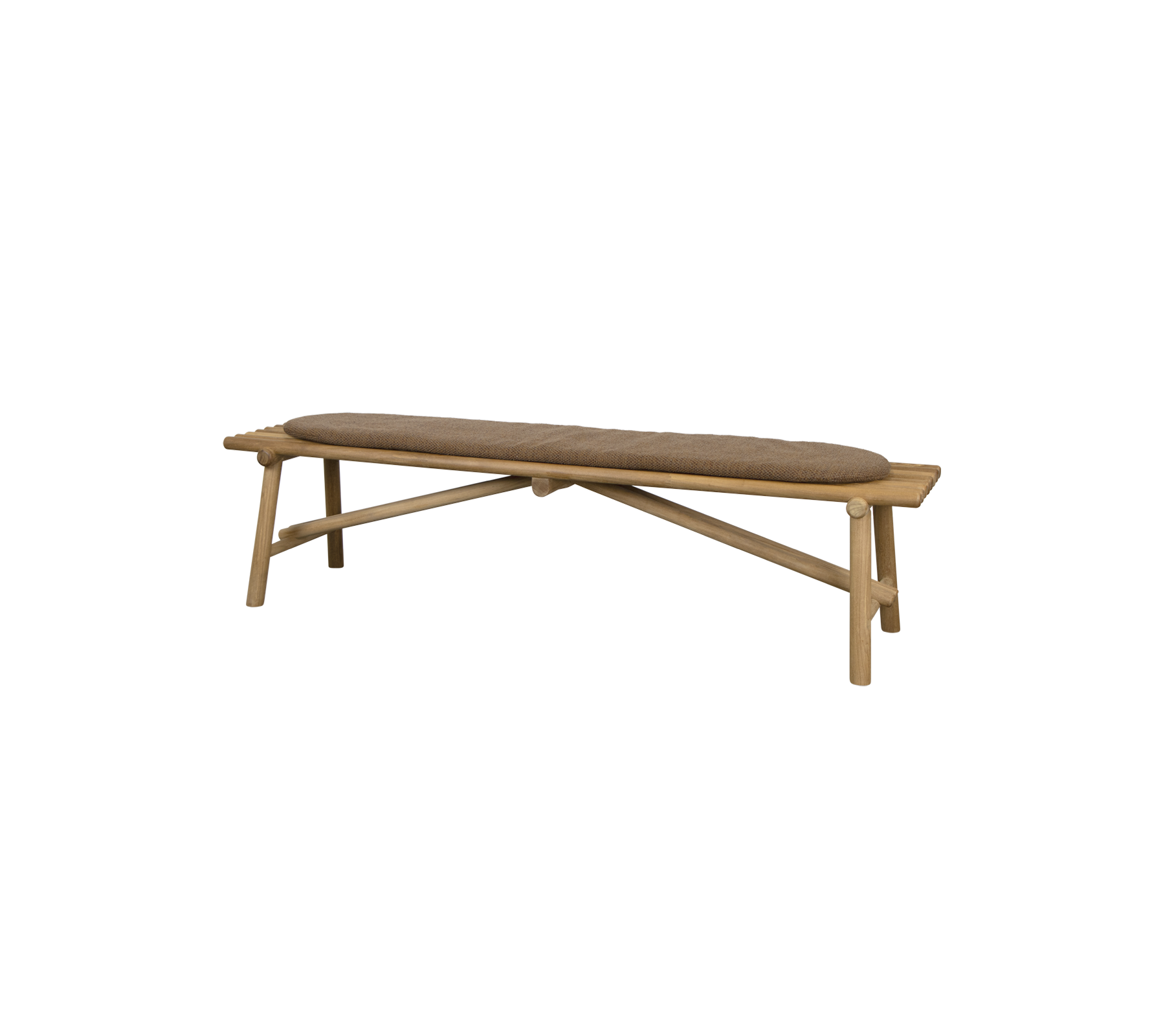 Houten bank met een gebogen zitting en kruisbenontwerp, dat een stijlvolle en minimalistische zitoplossing biedt.