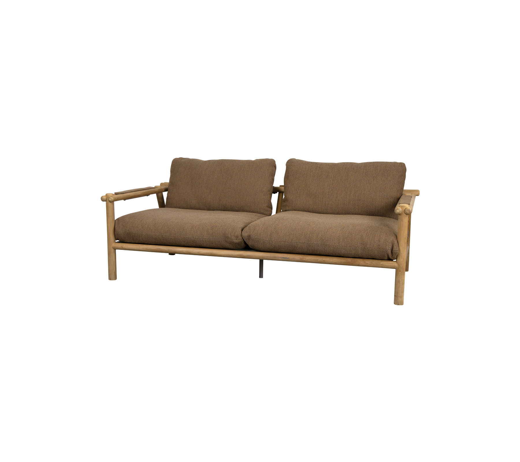 Een comfortabele tweezitsbank met een houten frame en zachte bruine kussens, ontworpen voor ontspanning en stijlvolle zitplaatsen.
