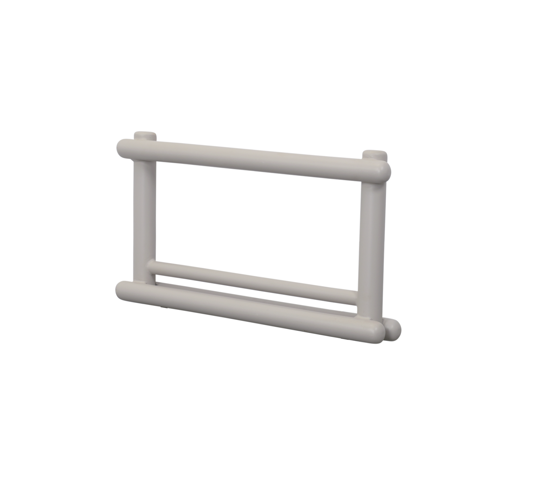 Een eenvoudig rechthoekig armsteun met twee horizontale stangen, ontworpen voor verschillende toepassingen. Lichtgewicht en in een neutrale kleur.