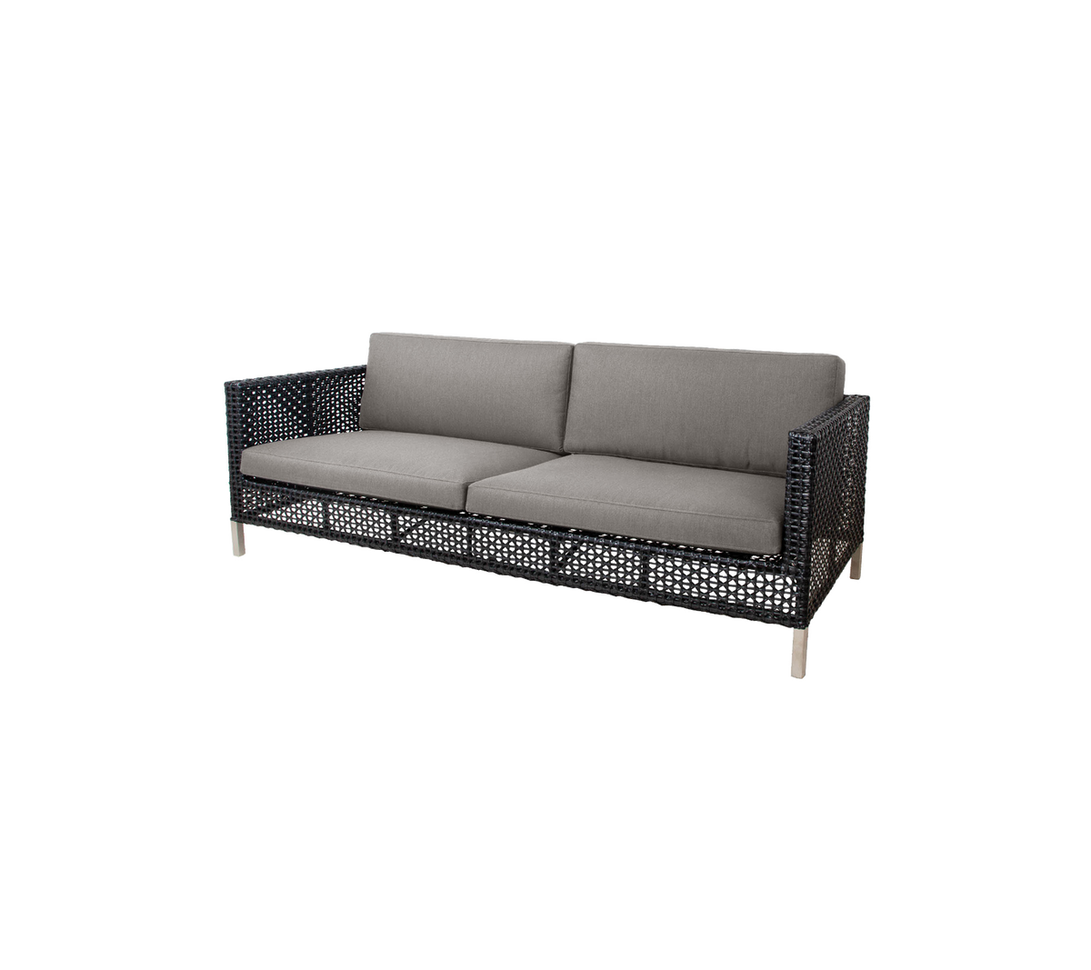 Stijlvolle bank met een geweven ontwerp en grijze kussens, ontworpen voor comfort en moderne esthetiek. Perfect voor elk zitgedeelte.