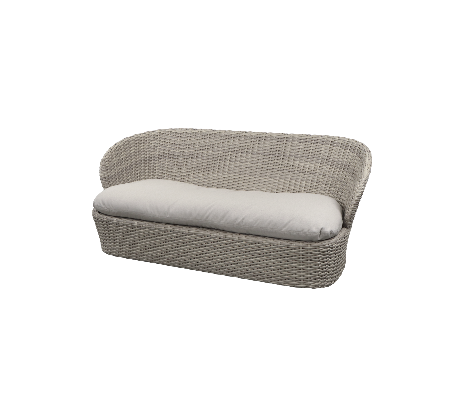 Geweven tweezitsbank met een zachte kussen, met een modern design en neutrale kleur. Ideaal voor ontspanning en comfort.