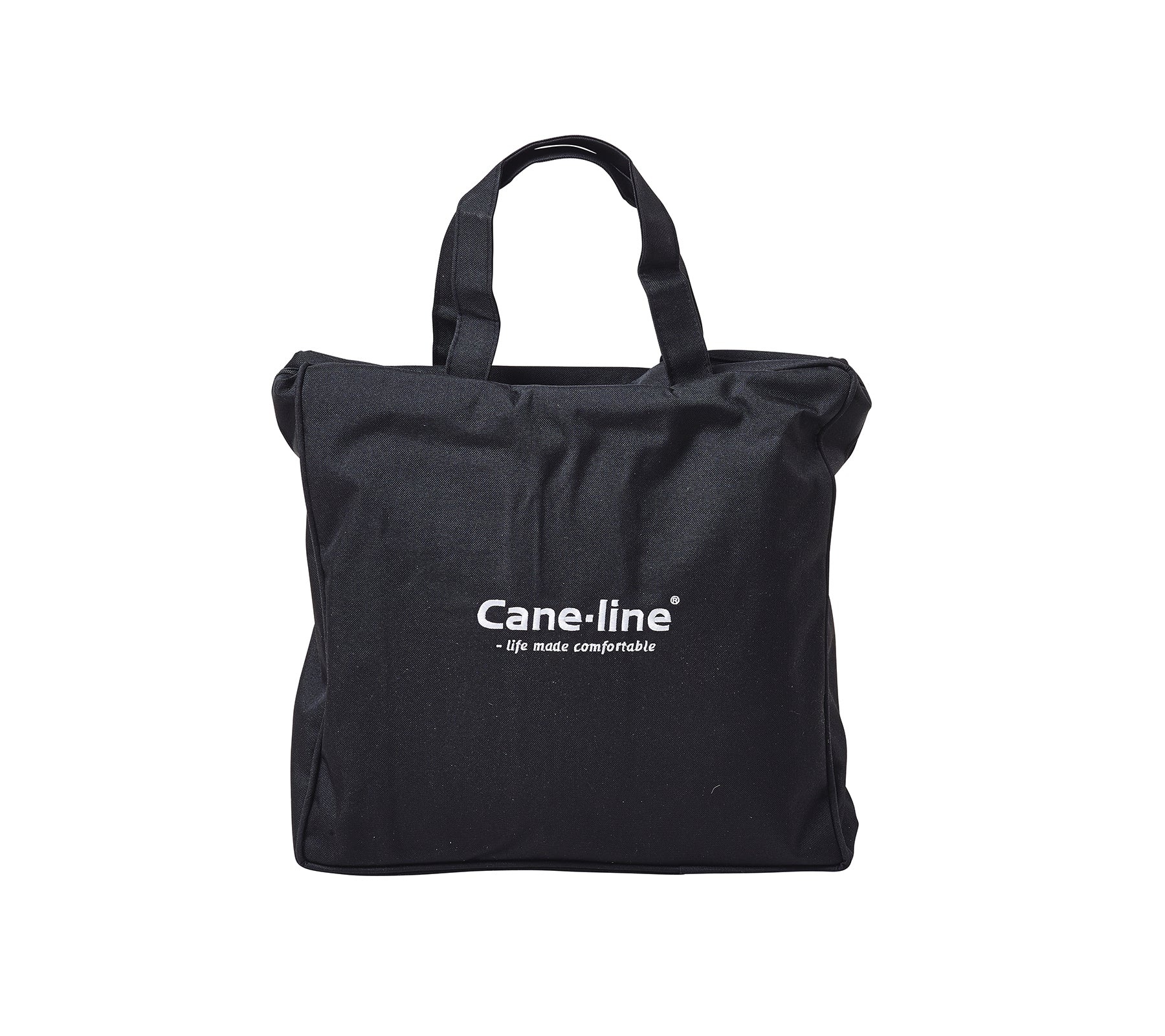 Zwarte tote bag met het Cane-line-logo in wit. Geschikt voor verschillende doeleinden, gecombineerd stijl en functionaliteit.