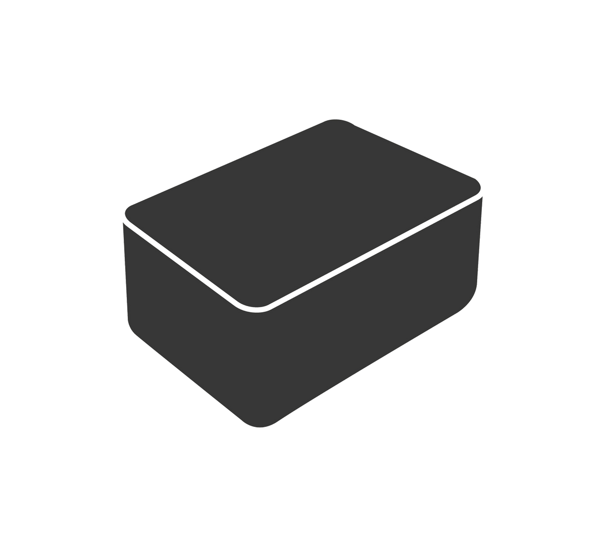 Een eenvoudige, rechthoekige opbergcontainer met een gladde oppervlakte en een iets verhoogd deksel. Ideaal voor het organiseren van voorwerpen.