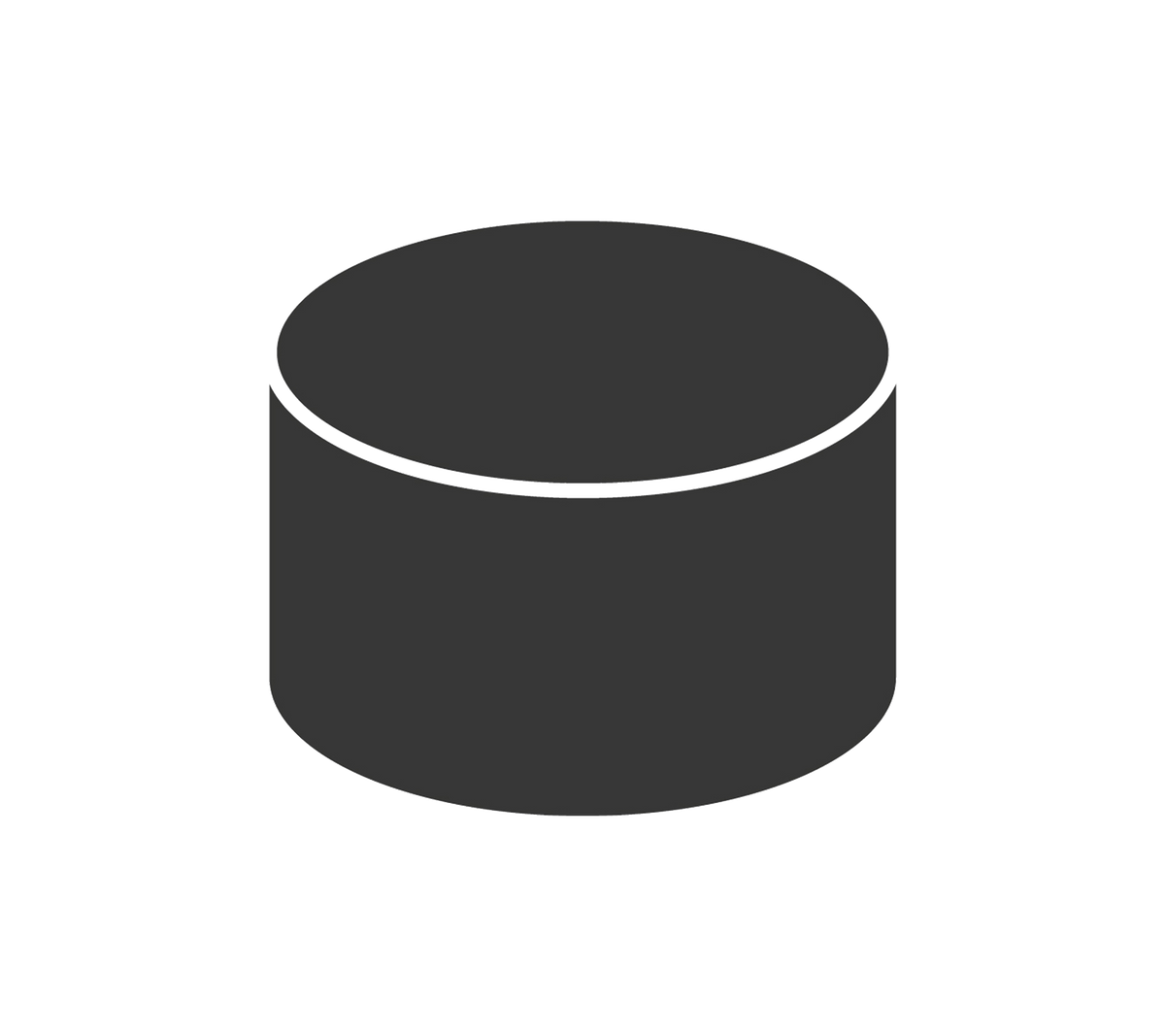 Een eenvoudig cilindrisch object in een donkere kleur, met een vlakke bovenkant en zijden, dat een basis geometrische vorm vertegenwoordigt.
