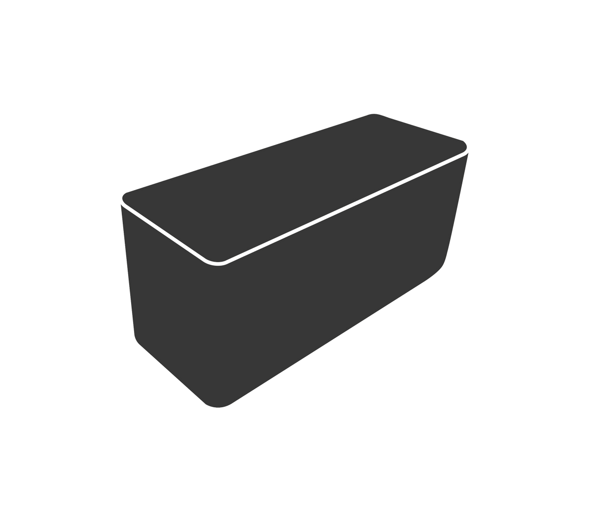 Grijze opbergdoos met een rechthoekige deksel en schuin aflopende zijkanten. Ideaal voor het organiseren van verschillende items.