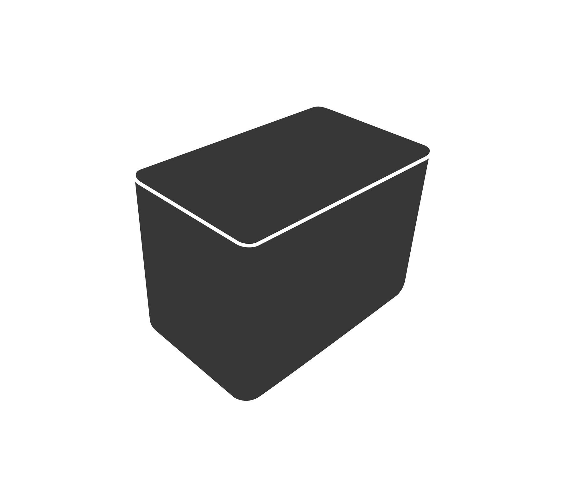 Een donkere, rechthoekige container met een gladde oppervlakte en licht aflopende zijden, voorzien van een plat deksel bovenop.