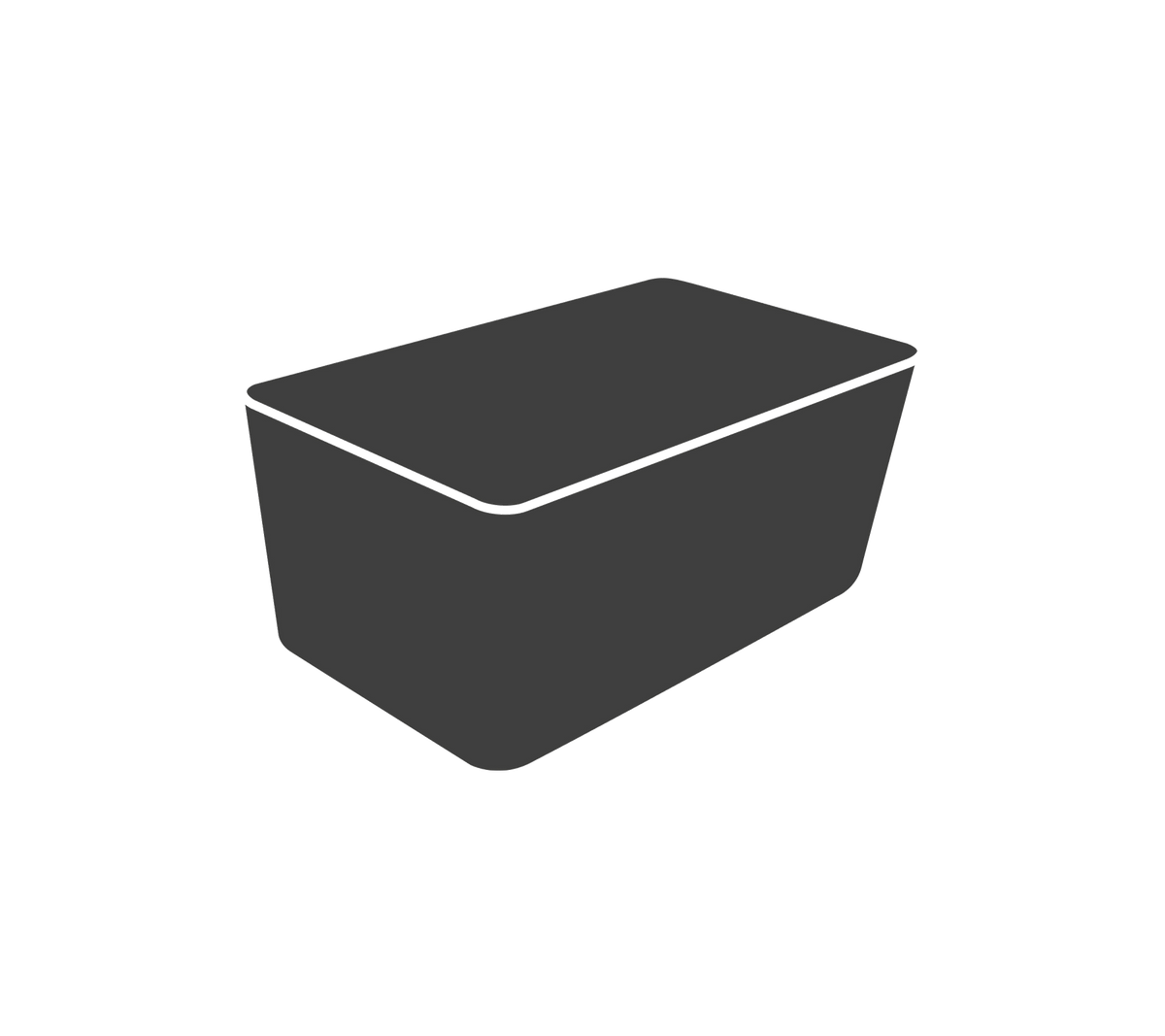 Een eenvoudige rechthoekige container met een plat deksel, ontworpen voor opslag of transport, in een donkergrijze kleur.