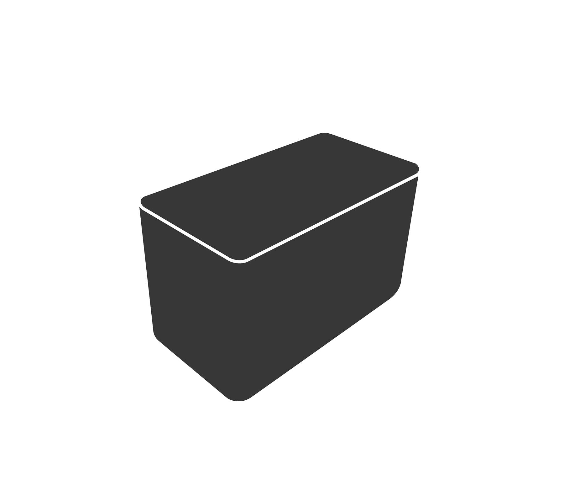 Een donkere, rechthoekige opbergcontainer met een plat deksel, ontworpen om verschillende items te organiseren en op te slaan.