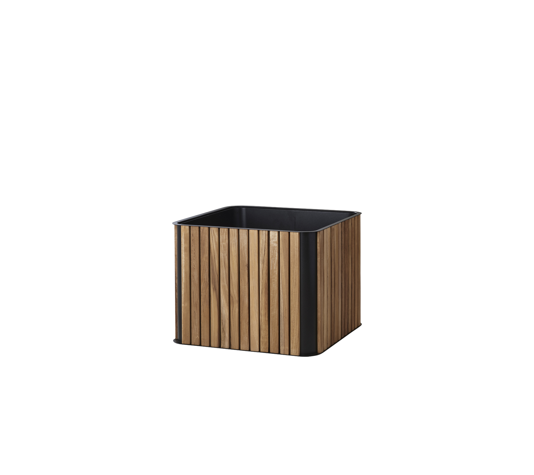 Vierkante plantenbak met een houten lattenontwerp en een zwarte voet, ideaal voor het tonen van planten en het verbeteren van elke ruimte.