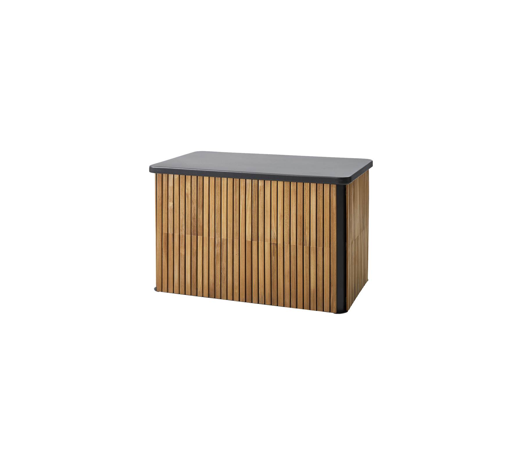 Houten opbergdoos met een lattenontwerp en een gladde donkere bovenkant, ideaal voor organisatie en stijl.