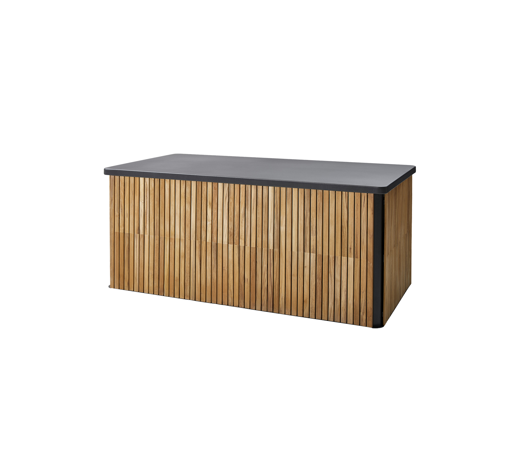 Stijlvolle opbergbank met een strakke donkere bovenkant en een verticale lattenhoutontwerp voor een moderne esthetiek. Ideaal voor veelzijdig gebruik.
