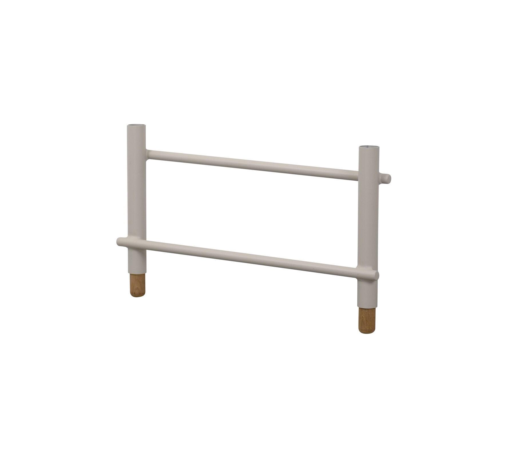 Witte ondersteuningsframe met twee horizontale stangen en vier cilindervormige benen, ontworpen voor stabiliteit en toegankelijkheid.