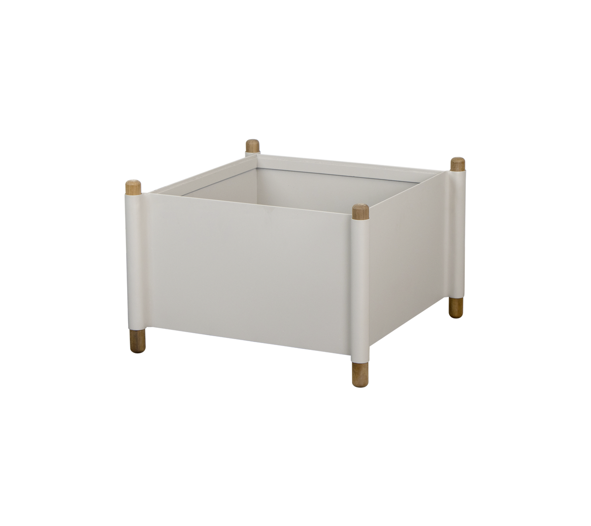Vierkante witte opbergdoos met houten poten en ronde hoeken, geschikt voor het organiseren van verschillende items.
