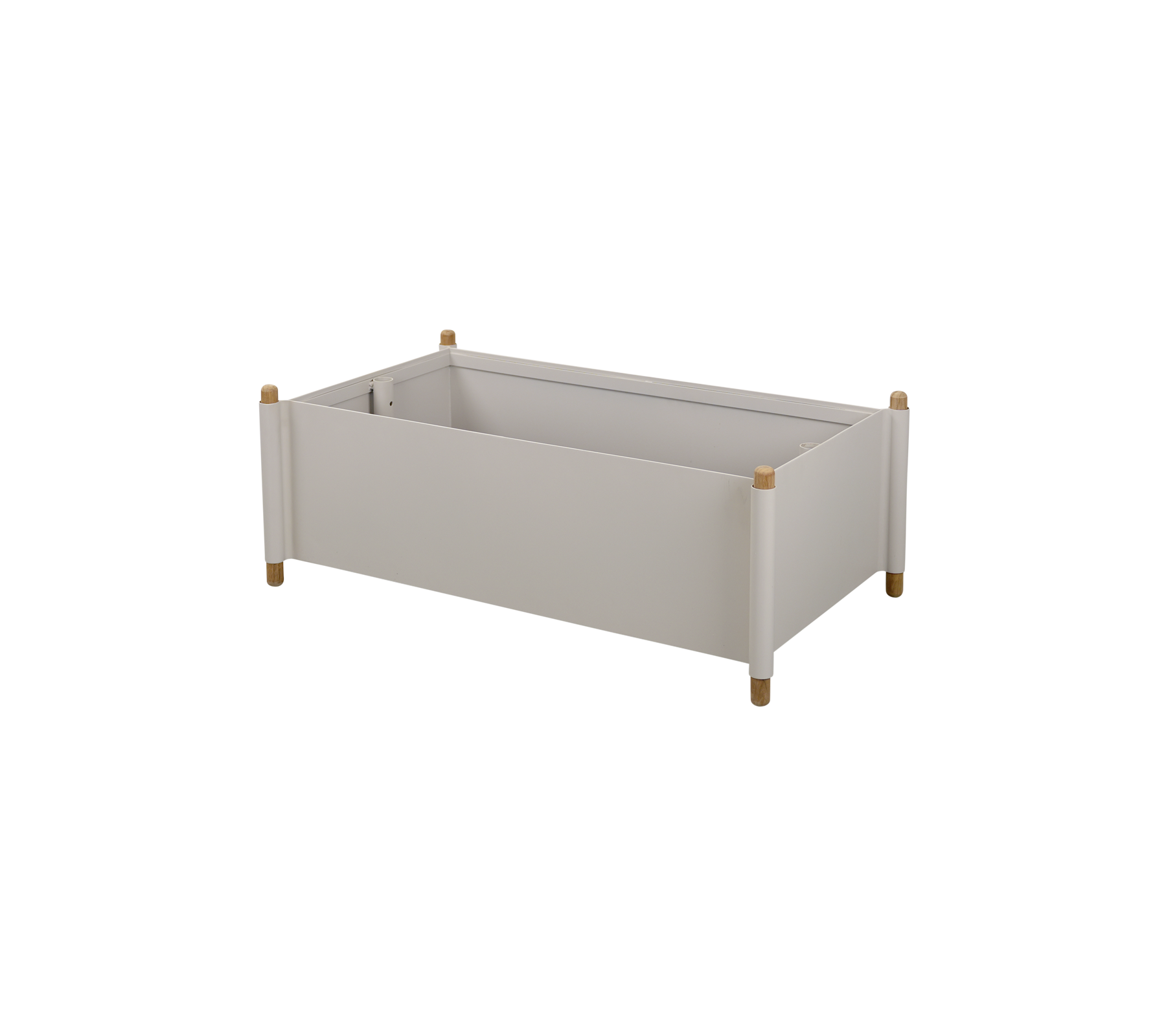 Lichtgrijze opbergdoos met houten poten en een minimalistisch design, geschikt voor het organiseren van verschillende items.