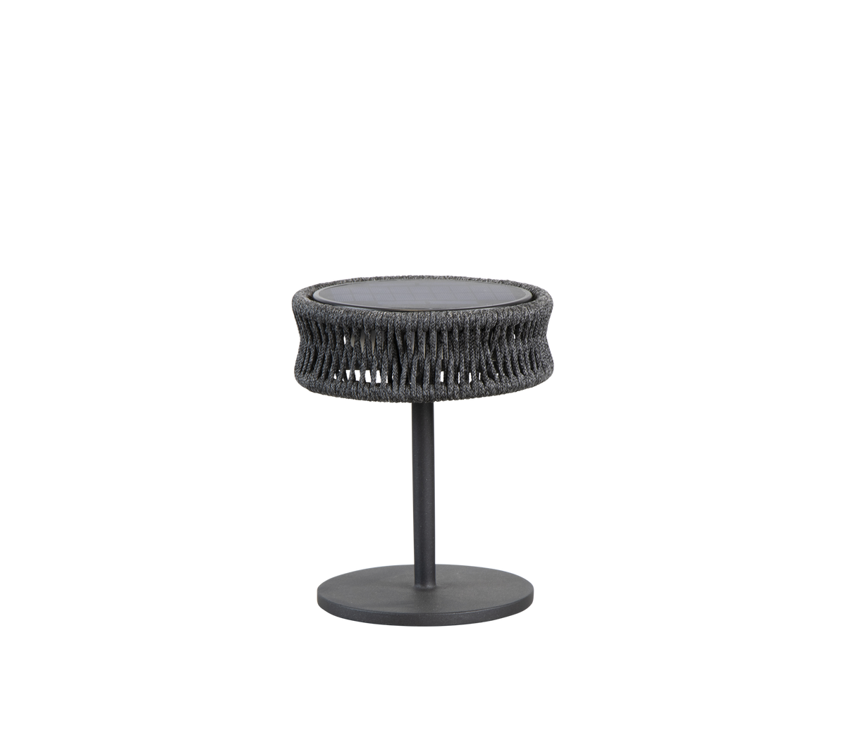 Ronde bijzettafel met een gestructureerd geweven ontwerp en een slanke metalen basis, ideaal om stijl toe te voegen aan elke ruimte.
