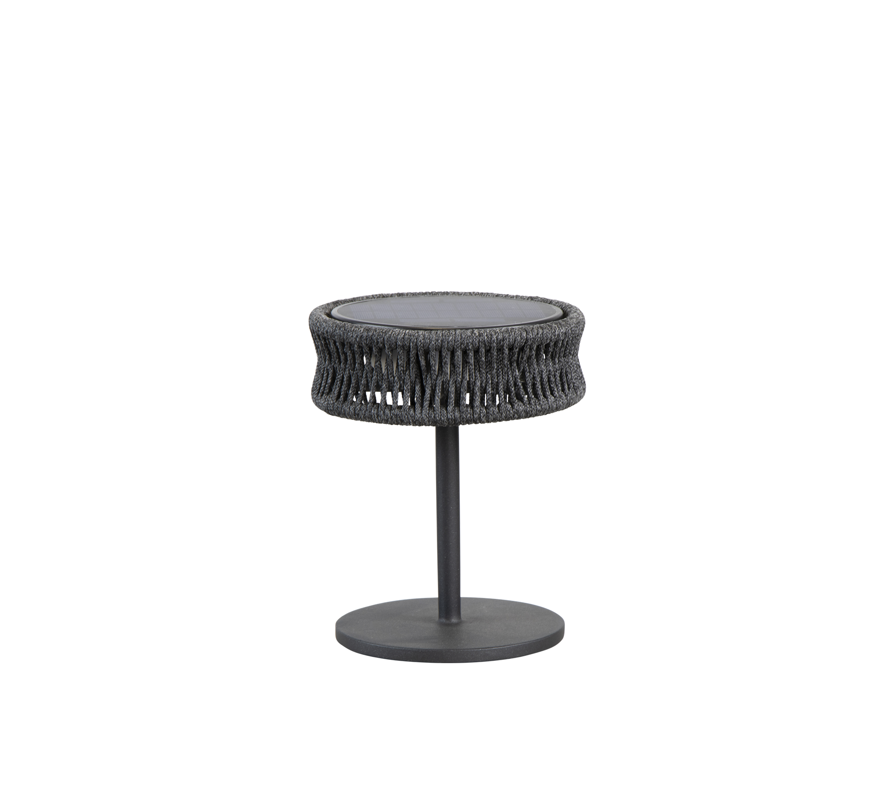 Ronde bijzettafel met een gestructureerd geweven ontwerp en een slanke metalen basis, ideaal om stijl toe te voegen aan elke ruimte.