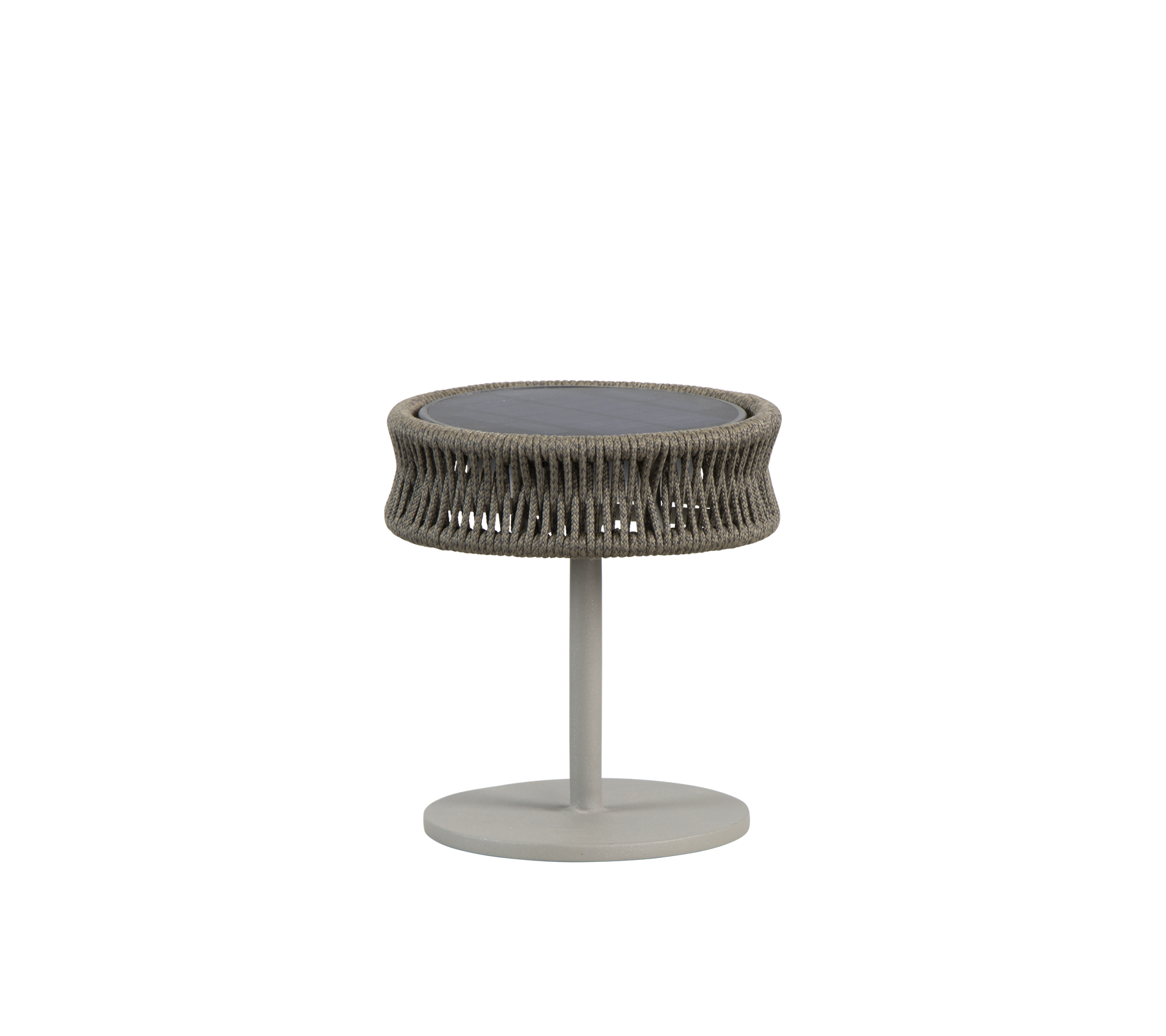 Ronde tafel met een gestructureerd, geweven ontwerp in neutrale tinten, met een slanke voet. Ideaal voor stijlvolle moderne ruimtes.