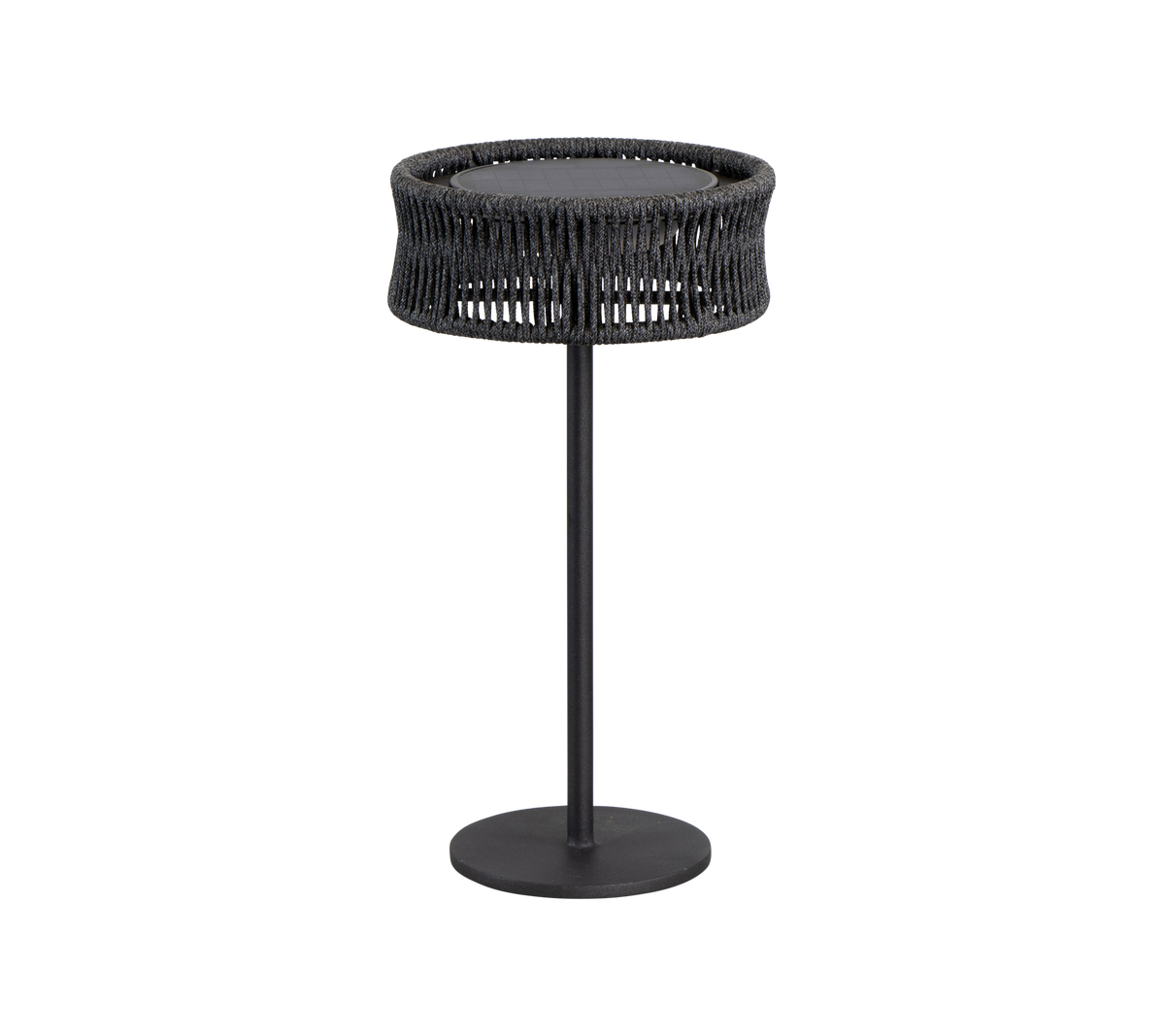 Een slank, modern tafel met een ronde top en een geweven textuur, ondersteund door een eenvoudige zwarte metalen basis.