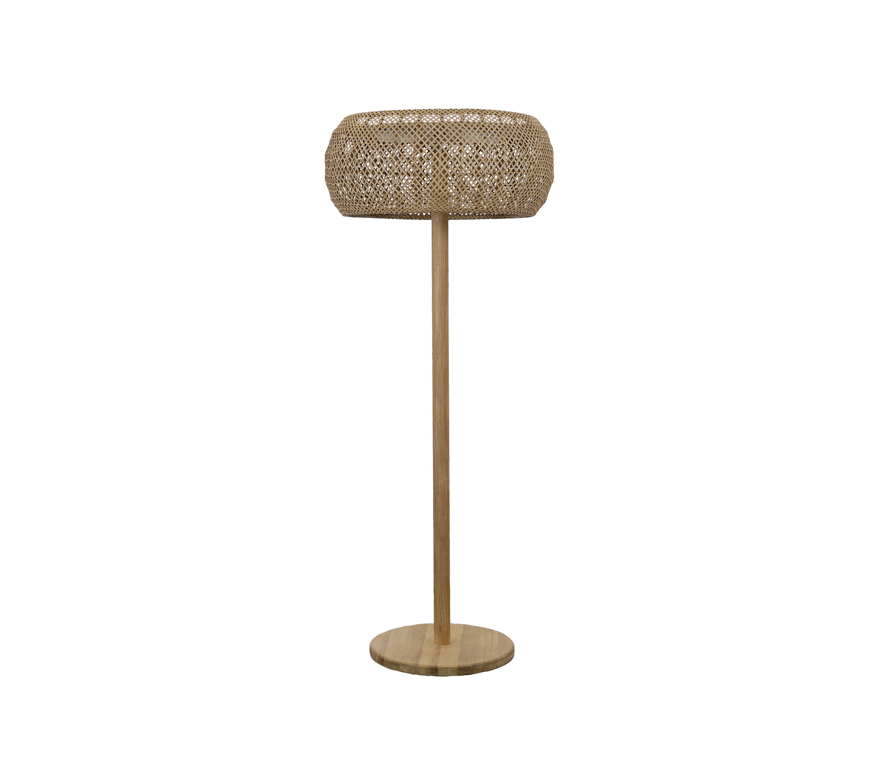Natuurlijke lamp met een geweven kap en een eenvoudige voet.