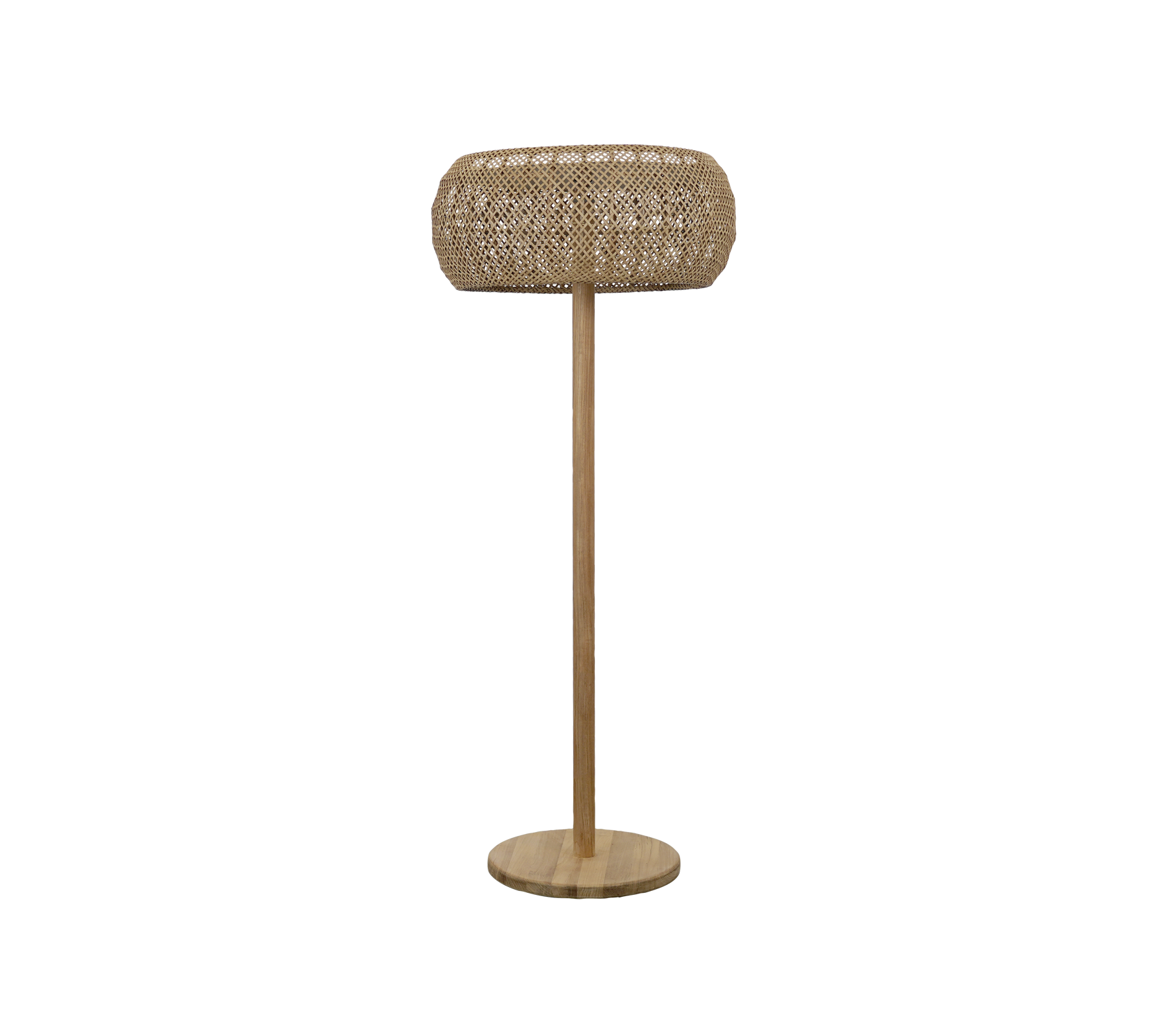 Natuurlijke lamp met een ronde kap en een houten basis.