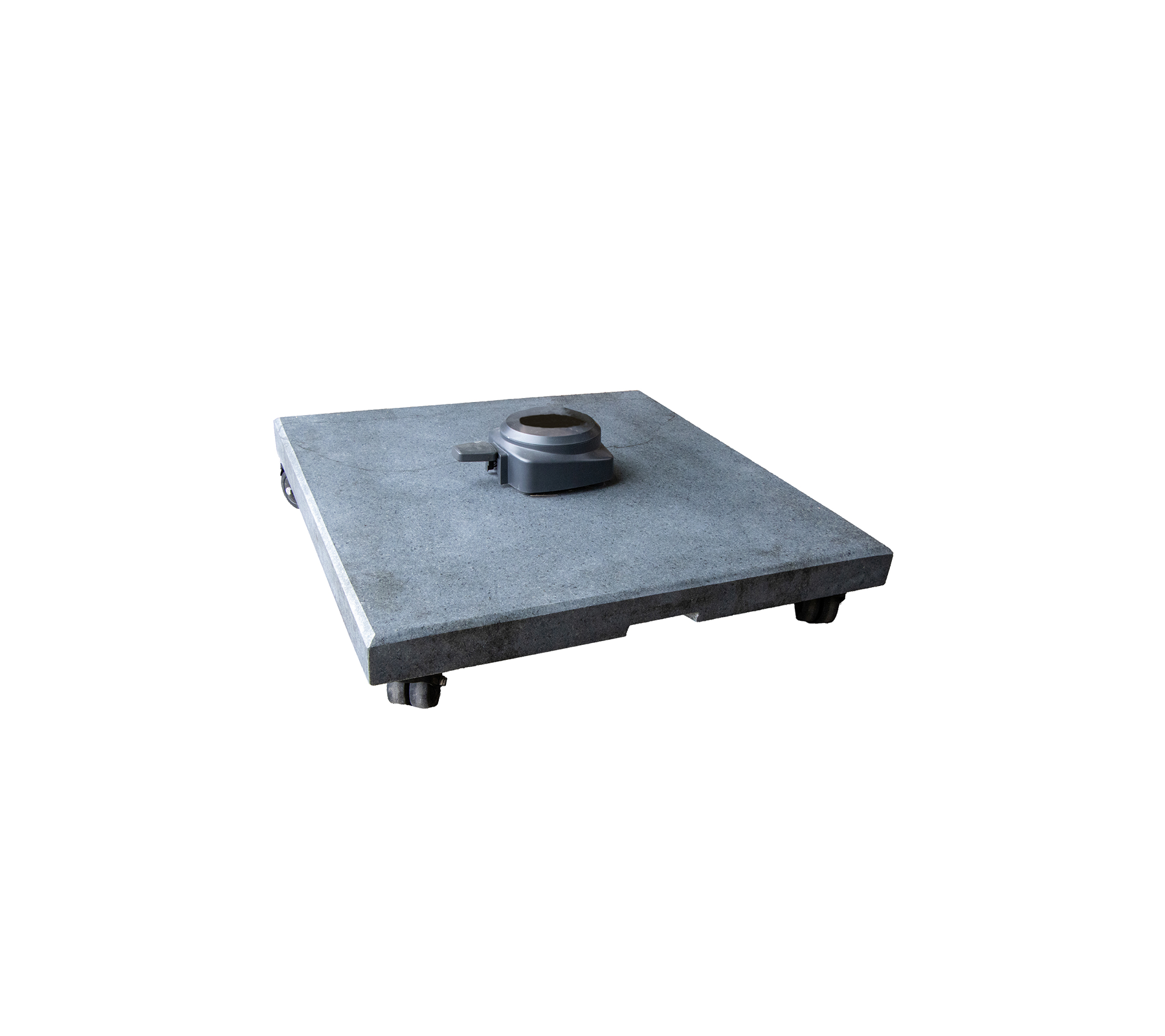 Een vierkante betonnen basis met een centraal bevestigingspunt en verstelbare voeten, ontworpen voor stabiliteit en ondersteuning in verschillende toepassingen.