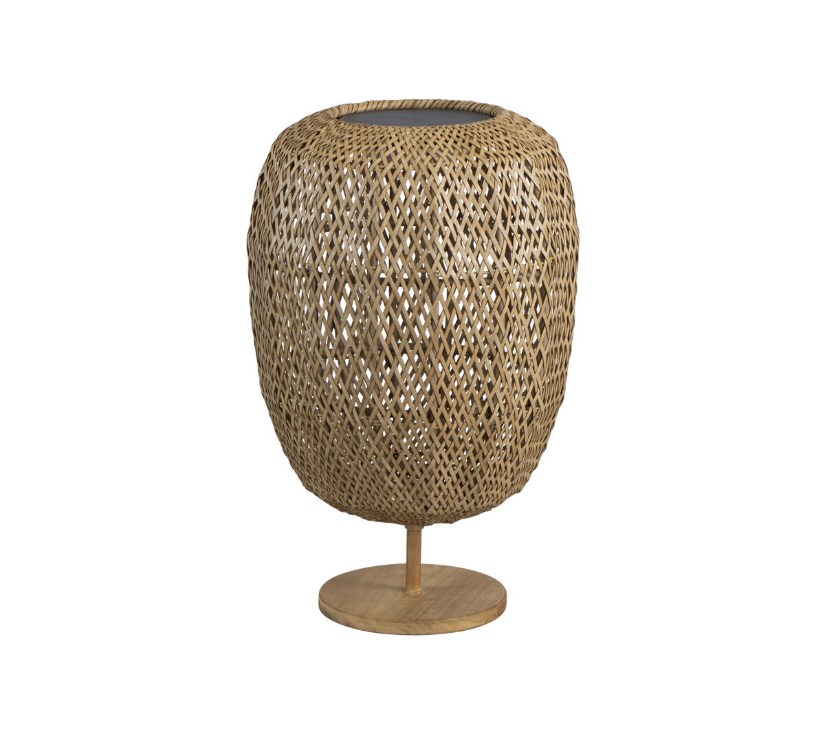 Gevlochten natuurlijke vezellamp met een ronde vorm en een stevige basis, die een stijlvolle touch aan elke decoratie biedt.
