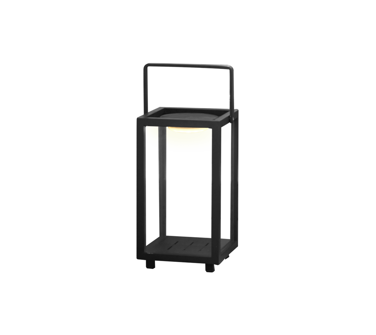 Een modern LED-lampontwerp met een vierkant frame en handvat, met een zacht gloeiend licht in het midden.