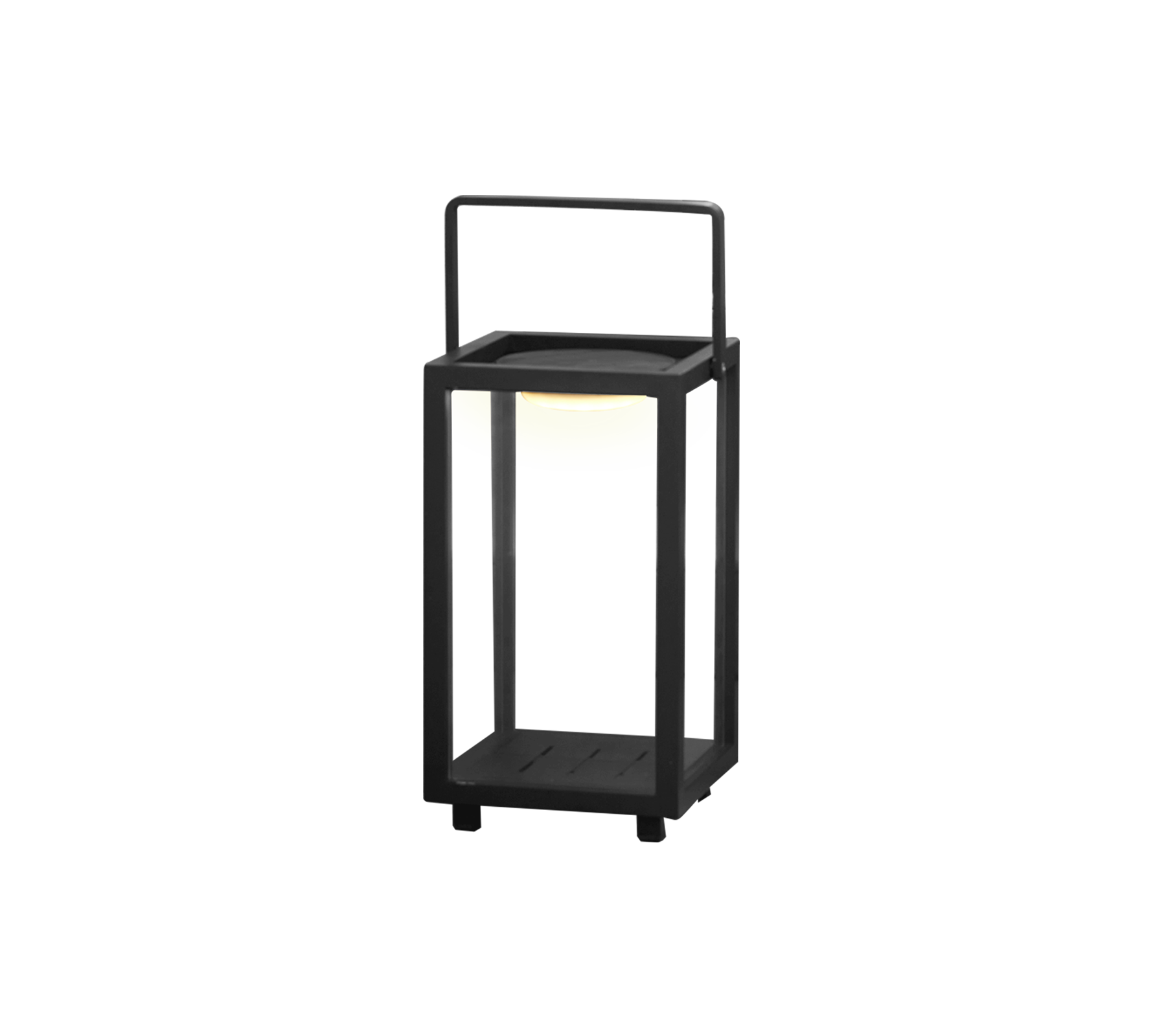 Een modern LED-lampontwerp met een vierkant frame en handvat, met een zacht gloeiend licht in het midden.