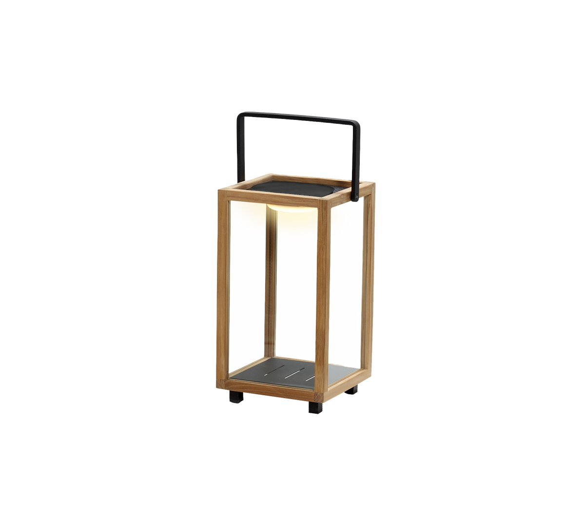 Een stijlvolle lantaarn van hout en metaal, met een geïntegreerde LED-lamp in het ontwerp, perfect om sfeer toe te voegen.