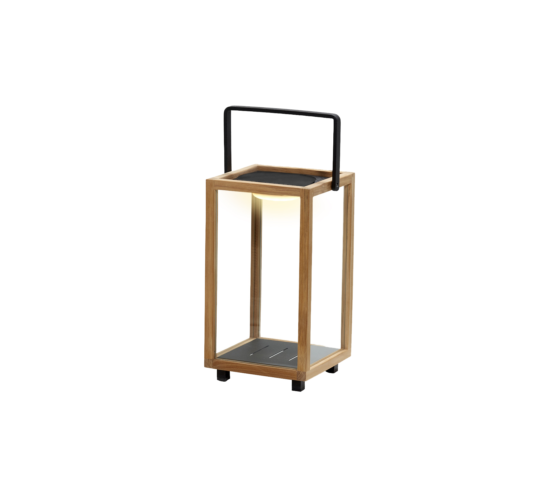 Een stijlvolle lantaarn van hout en metaal, met een geïntegreerde LED-lamp in het ontwerp, perfect om sfeer toe te voegen.