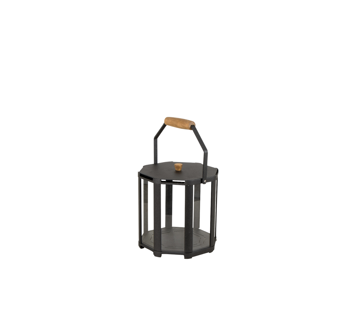 Stijlvolle lantaarn met een zwart metalen frame en een houten handvat, ontworpen om een kaars of lichtbron vast te houden.